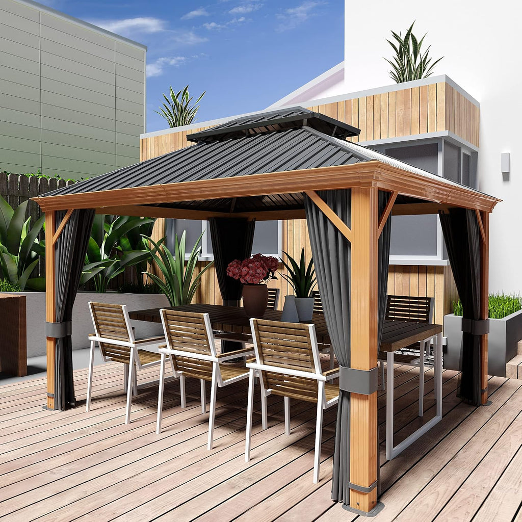 HAPPATIO 10' x 12' Hardtop Gazebo, Outdoor Wood Grain Frame Aluminum Metal Gazebo with Galvanized Steel Double Roof，Patio Canopy with Netting and Curtains for Patio, Deck，Backyard (Gray)