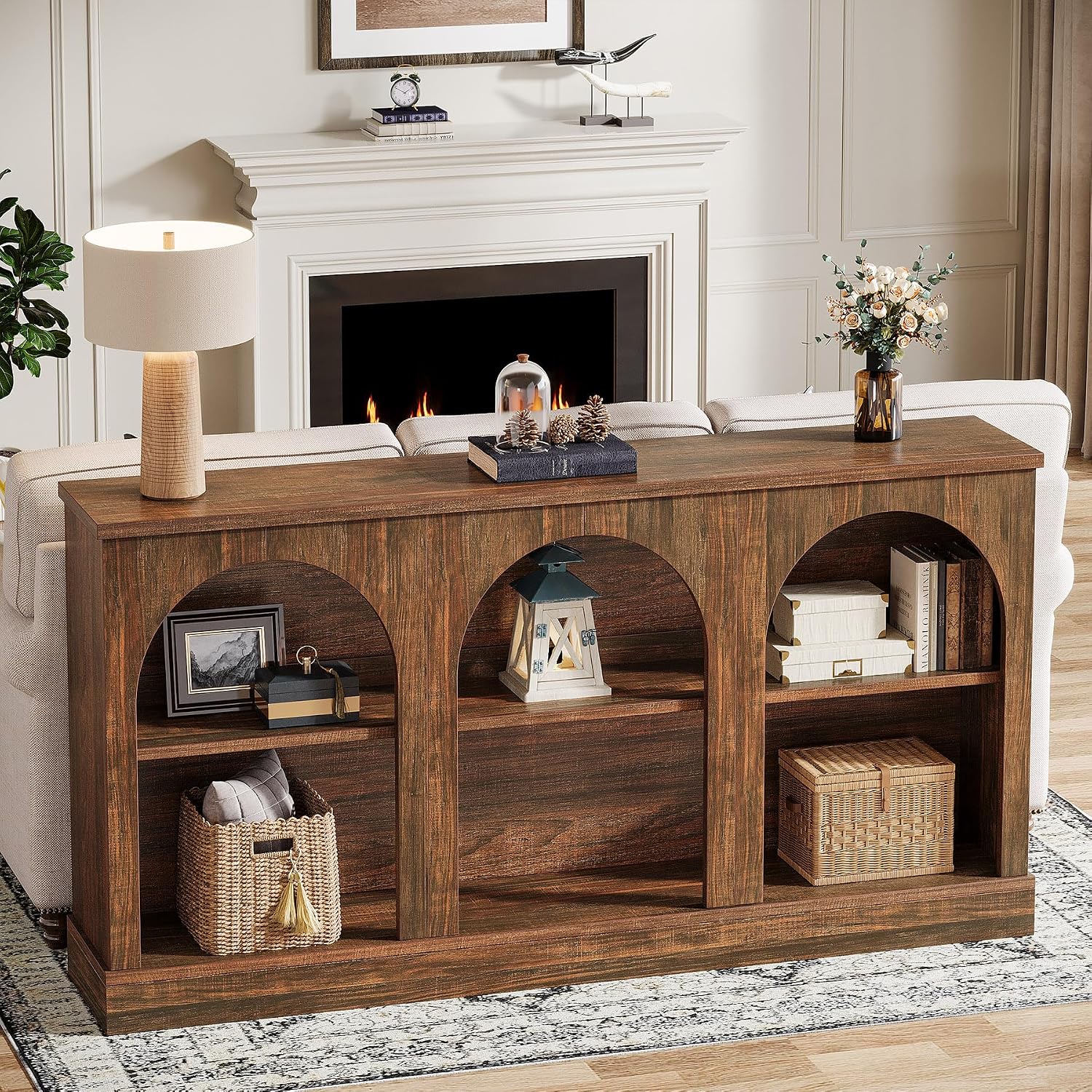 Tribesigns Farmhouse Console Table, 63-Inch Long 3 Tier Entryway Table with Storage, Wooden Rectangular Sofa Table Behind The Couch for Entrance, Hallway, Living Room, Dark Brown