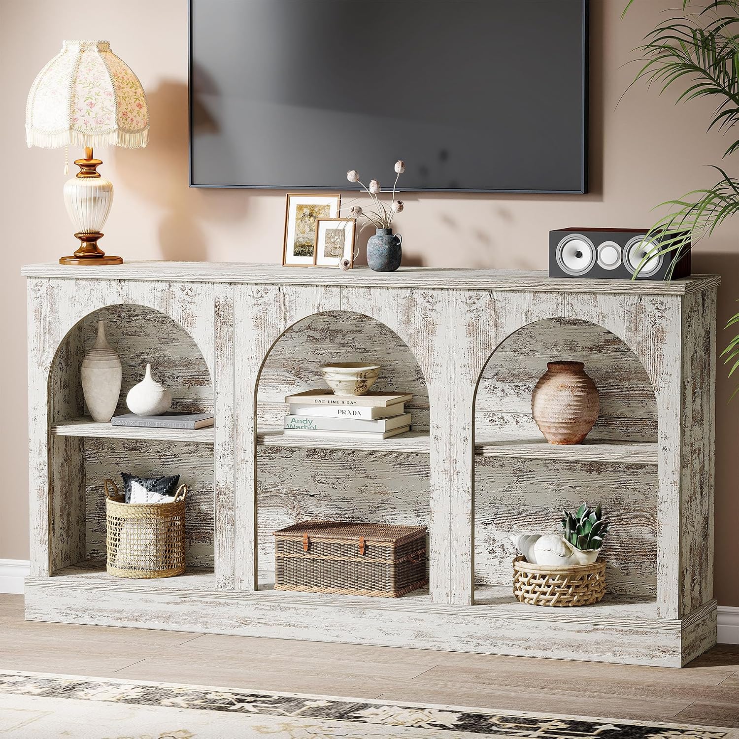 Tribesigns Farmhouse Console Table, 63-Inch Long Entryway Table with 3 Tier Storage, Wooden Rectangular Sofa Table Behind The Couch for Entrance, Hallway, Living Room, Distressed White