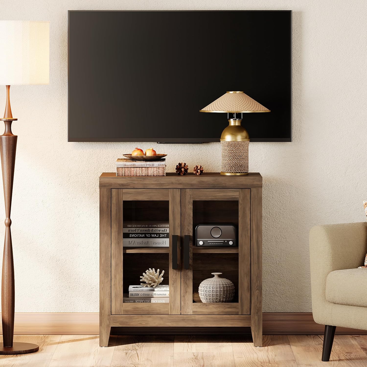 WAMPAT Farmhouse TV Stand for TVs up to 50', Rustic Wood Entertainment Center with Adjustable Shelf, Glass Doors & Storage, Media Console Cabinet for Living-Room, Bedroom, Brown