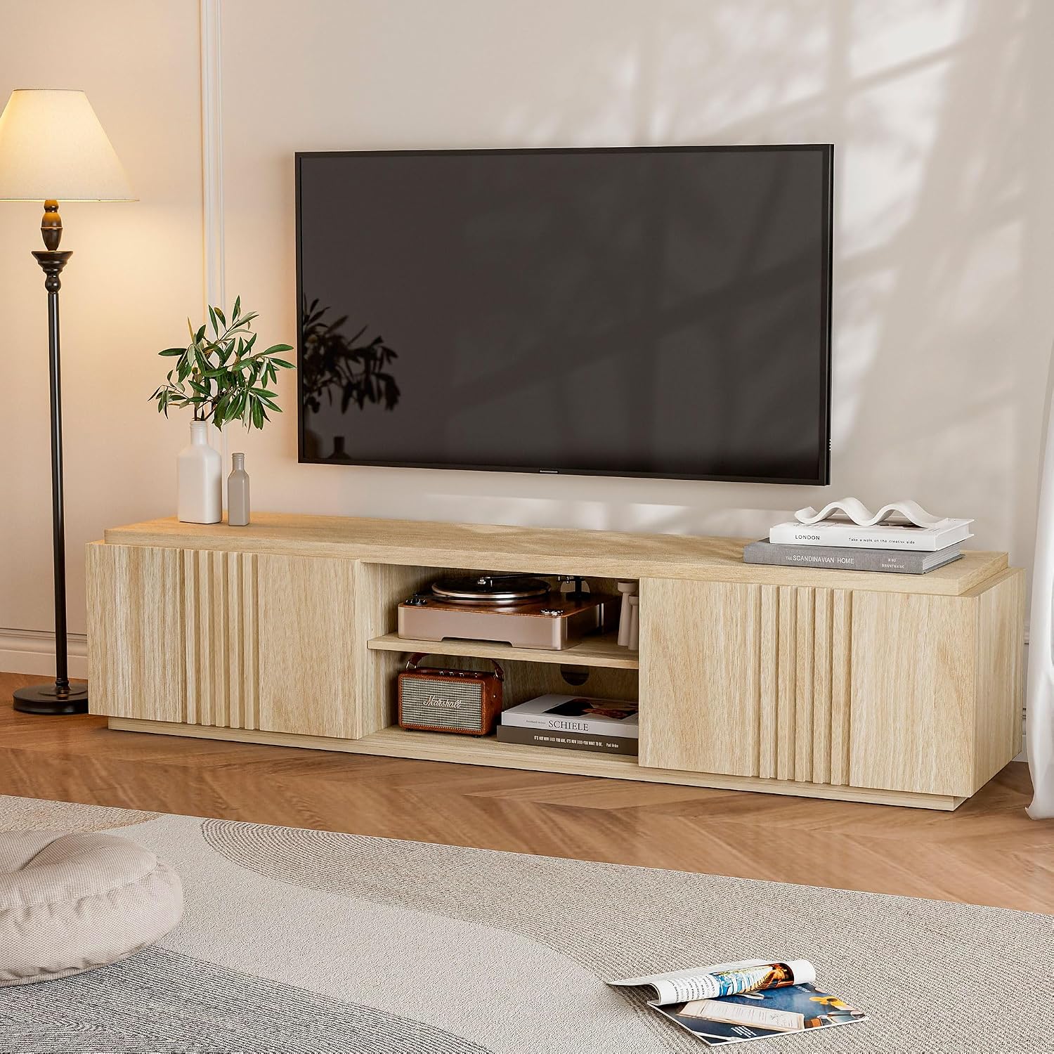 BELLEZE 70' Fluted Media Entertainment Center Console for TVs up to 75', TV Stand Table w/Oversize Drawers and 2-Tier Open Shelves, Wood Storage Cabinet for Living Room-Mint(White Lotus)