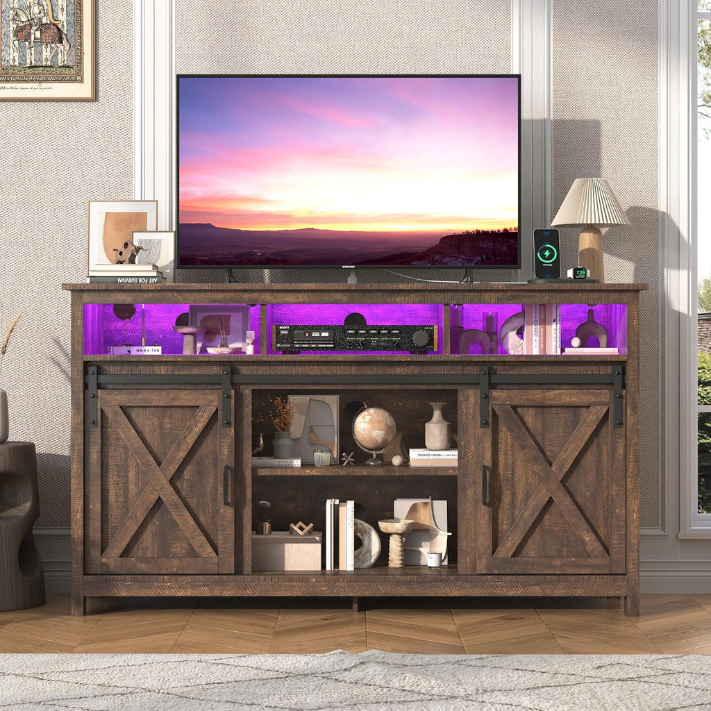 jiteentarou Farmhouse TV Stand for 65 Inch TV with Power Outlet, LED Entertainment Center with Storage and Sliding Barn Doors, Wood Media Console for Living Room, Brown
