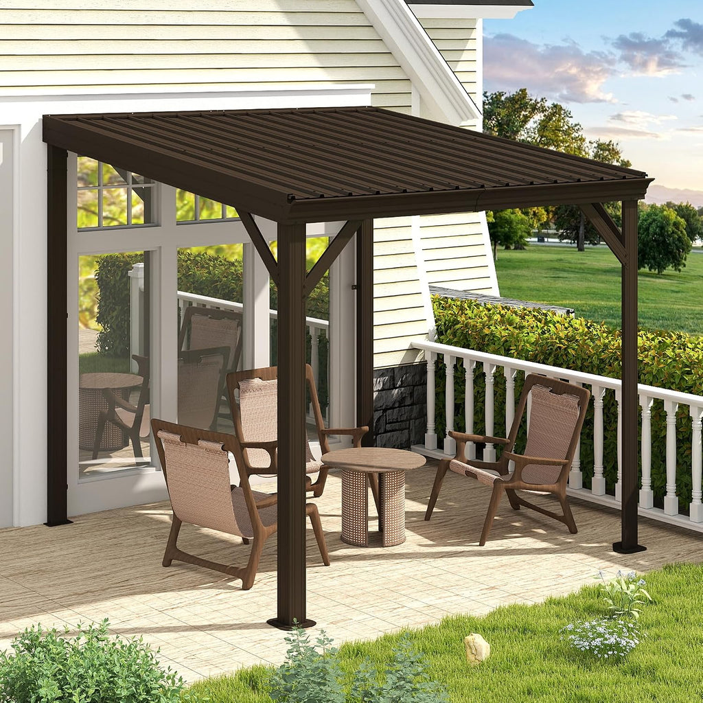 Domi 8x8FT Lean to Gazebo, Outdoor Hardtop Wall Mounted Gazebo with Sloping Galvanized Steel Roof, Upgraded Heavy Duty Mounted Shelter with Drainage System for Deck, Porch, Backyard, Brown