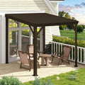 Domi 8x8FT Lean to Gazebo, Outdoor Hardtop Wall Mounted Gazebo with Sloping Galvanized Steel Roof, Upgraded Heavy Duty Mounted Shelter with Drainage System for Deck, Porch, Backyard, Brown