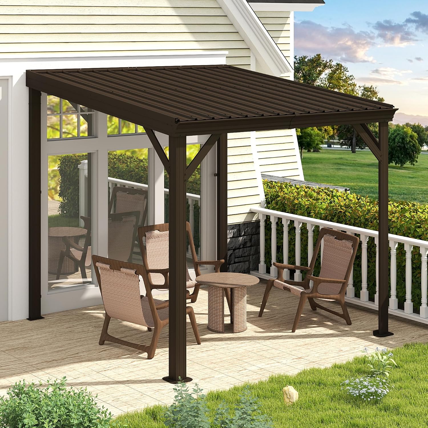 Domi 8x8FT Lean to Gazebo, Outdoor Hardtop Wall Mounted Gazebo with Sloping Galvanized Steel Roof, Upgraded Heavy Duty Mounted Shelter with Drainage System for Deck, Porch, Backyard, Brown