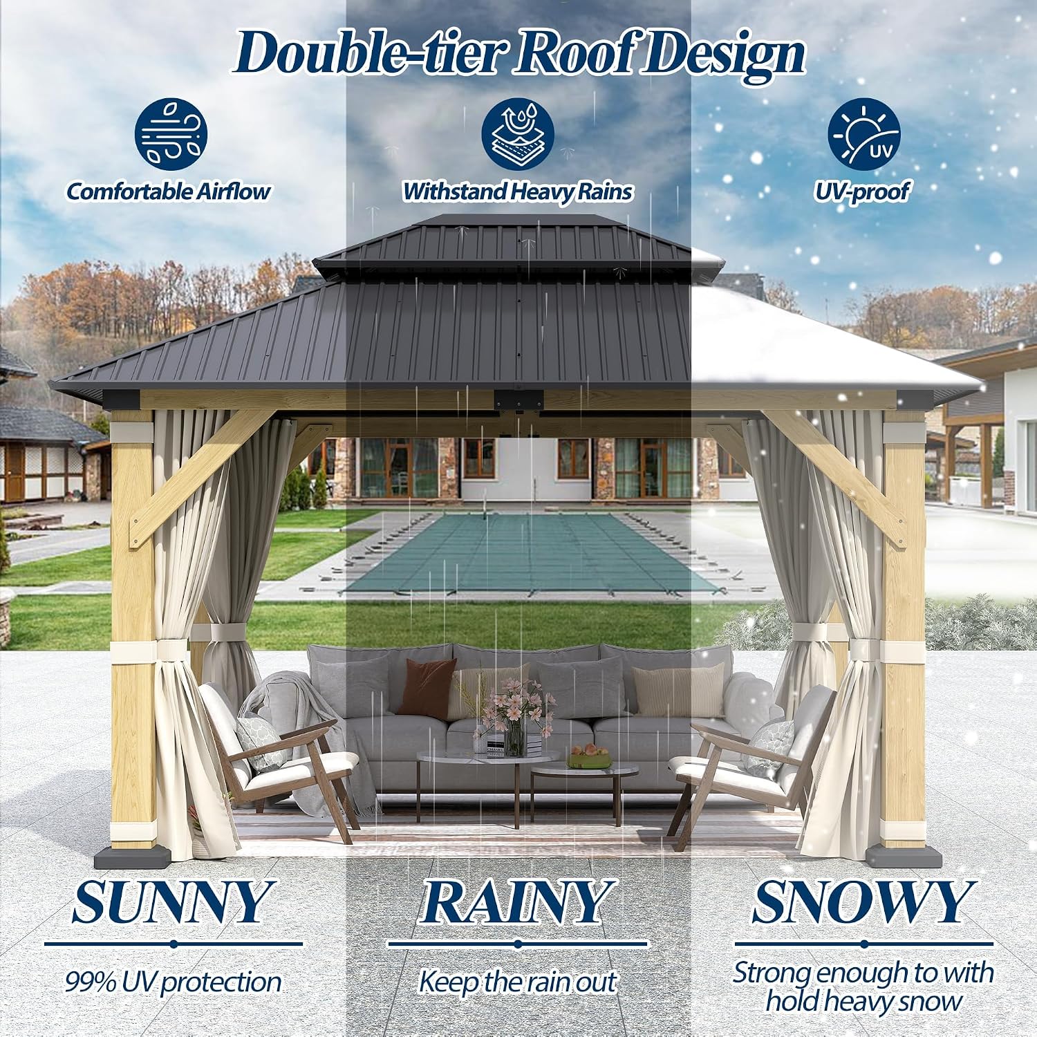 COVERONICS 10FT x 12FT Outdoor Wood Gazebo - Galvanized Steel Hardtop Gazebo with Heavy-Duty Double Roof, Patio Wooden Gazebo for Garden with Netting & Curtains, Poolside, Deck, Backyard