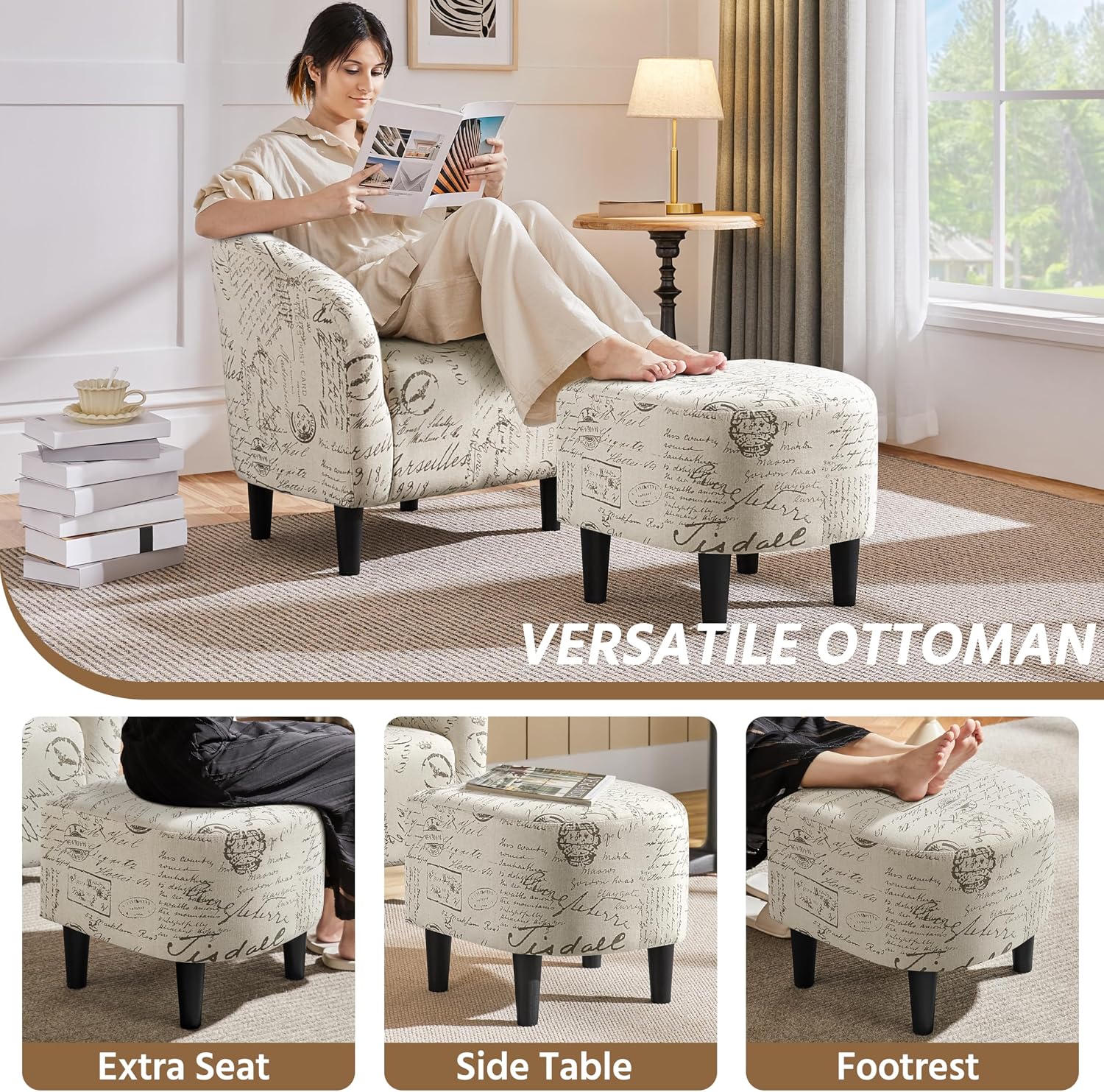 Yaheetech Modren Club Chair with Ottoman, Fabric Accent Armchair with Footstool, Upholstered Barrel Chair and Footrest for Living Room Bedroom Guestroom, Letter Print