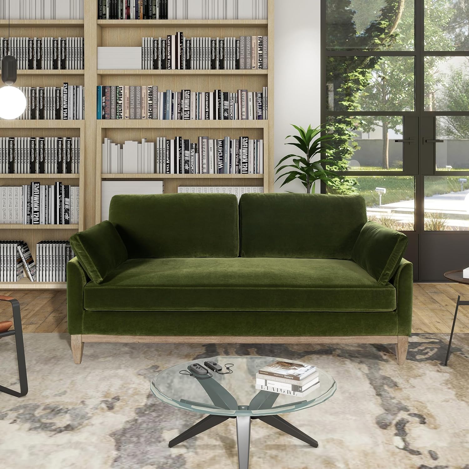 Jennifer Taylor Home Pasadena 75.5' Modern Living Room Farmhouse Performance Velvet Compact Sofa Couch for Small Spaces and Apartments in Olive Green