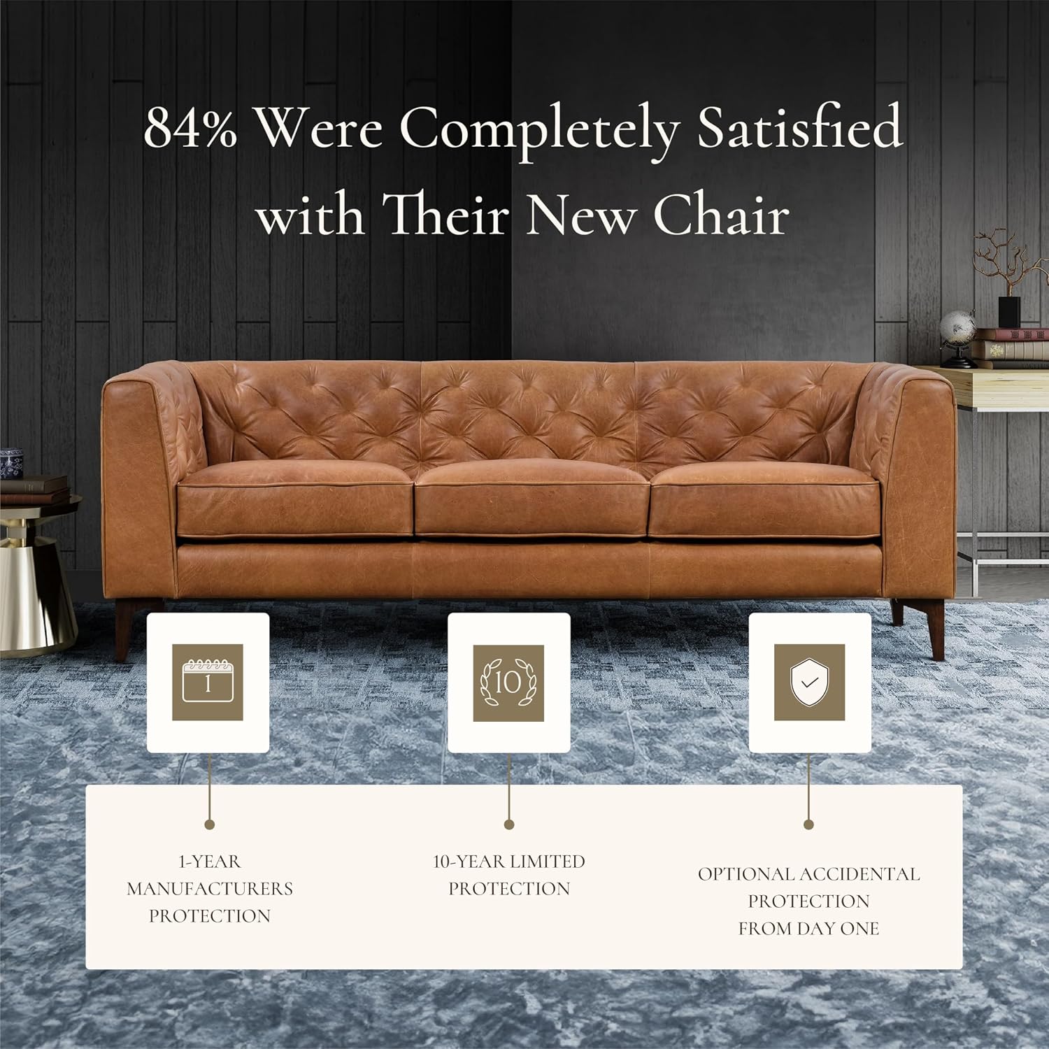 POLY & BARK Essex 89' Full-Grain Italian Leather Sofa – Tufted Back, Feather-Down Comfort, Solid Wood Frame, Cognac Tan