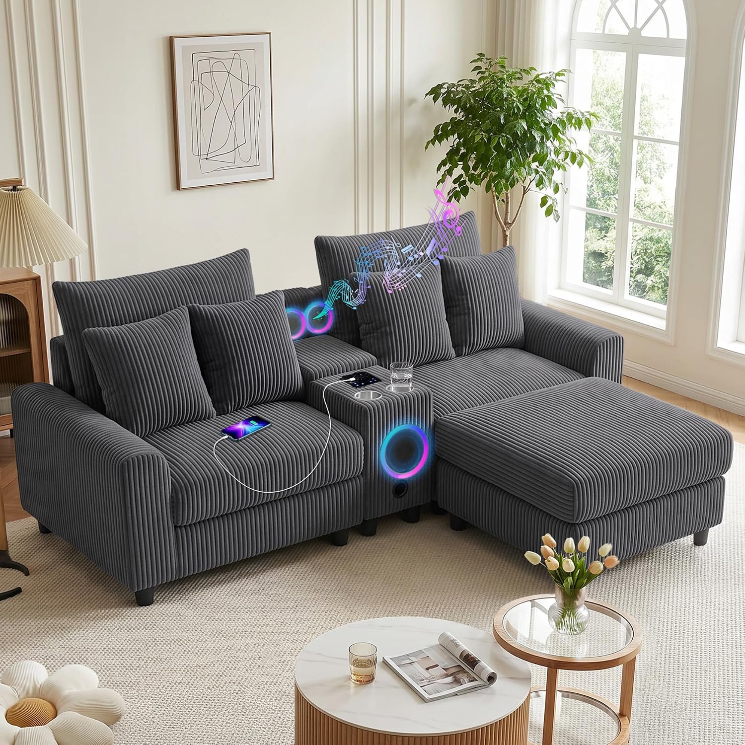 MAKIAAP 83' Corduroy Sectional Modular Couch with Speakers, Comfy Deep Seat Loveseat Sofa with Movable Ottoman, Console, USB Charger, Cup Holders, Storage for Living Room (Gray, 83in)