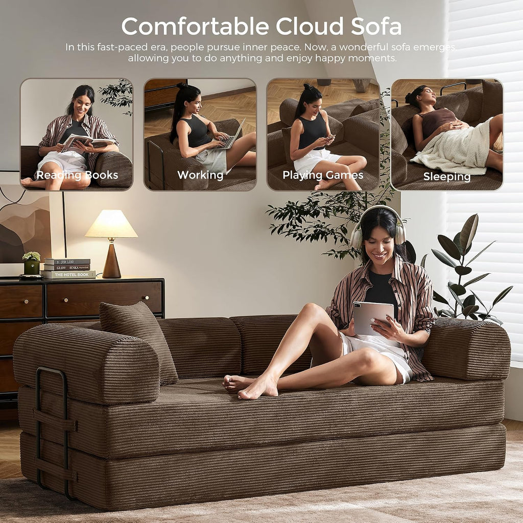 79' Convertible Sofa Bed with Fixed-Shape Frame & Removable Armrests, Modular Corduroy Sleeper Sofa, Folding Mattress Couch for Small Spaces - No Assembly Needed in Brown (Includes 2 Pillows)