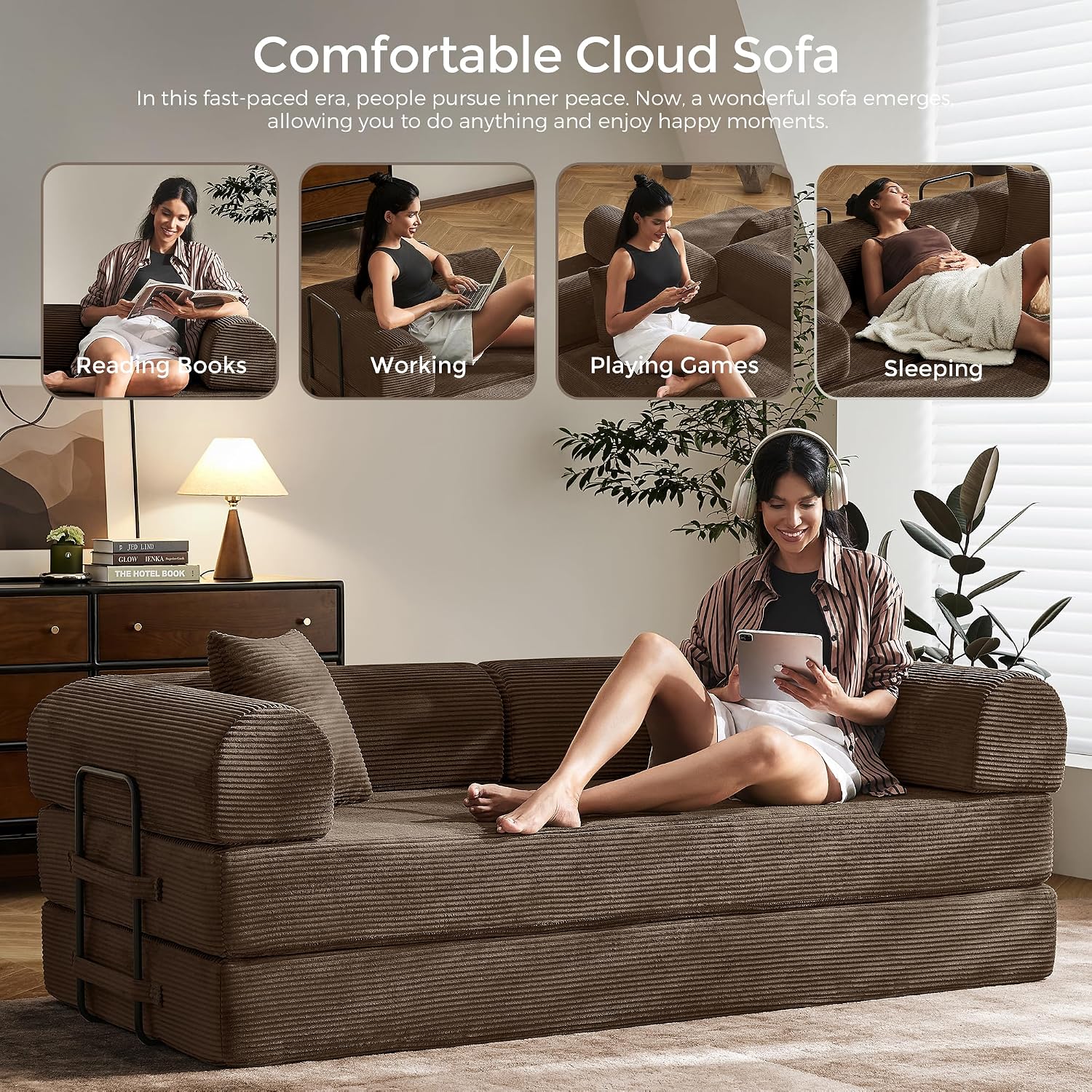 79' Convertible Sofa Bed with Fixed-Shape Frame & Removable Armrests, Modular Corduroy Sleeper Sofa, Folding Mattress Couch for Small Spaces - No Assembly Needed in Brown (Includes 2 Pillows)