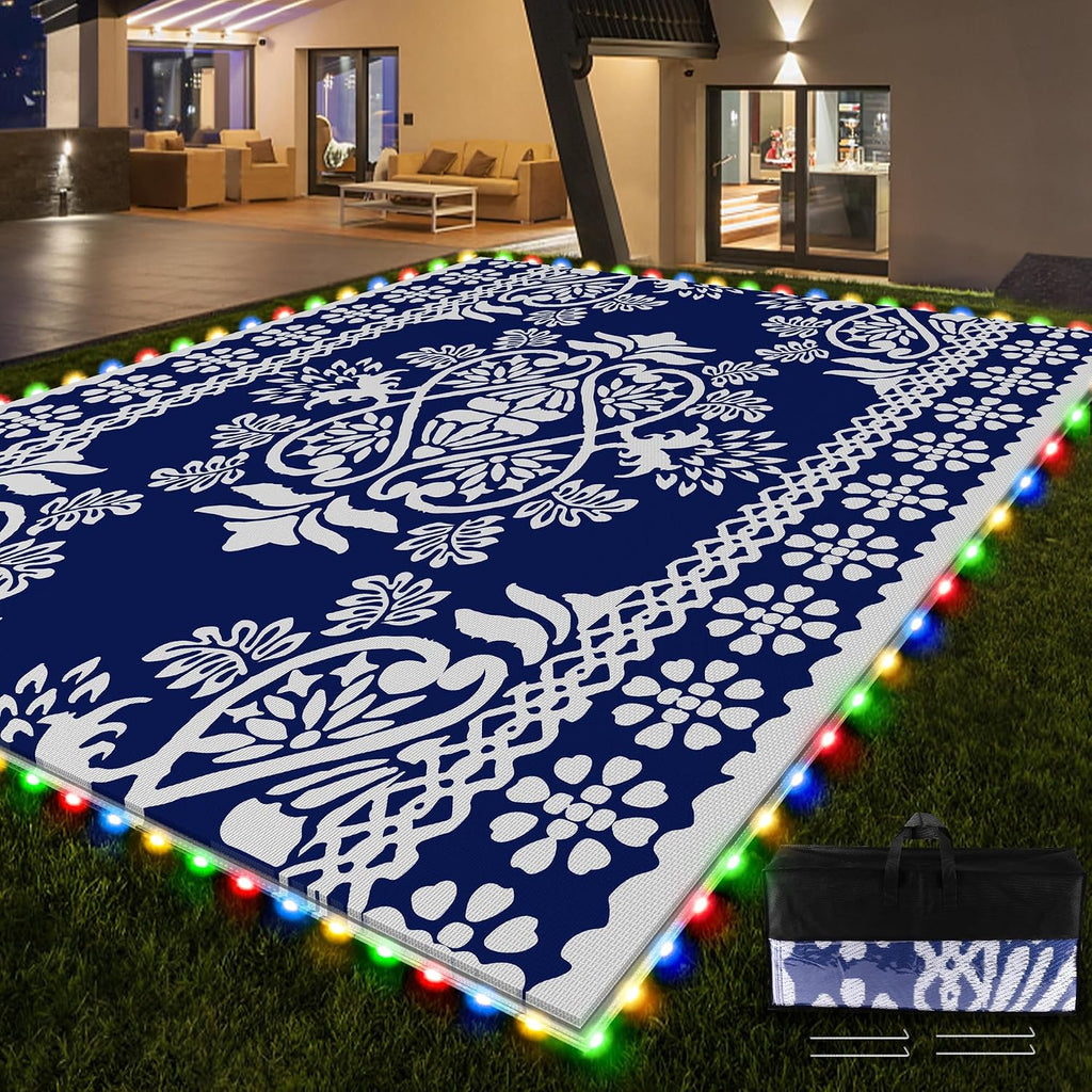 Pafolo Outdoor Rug Waterproof, 9'x12' Reversible Patio Rug with Lights, 4 Rug Stakes, Non Shedding, Easy Cleaning, Foldable Outside Mat for RV, Camping, Porch, Deck, Beach, Patio, Picnic, Blue&White