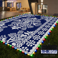 Pafolo Outdoor Rug Waterproof, 9'x12' Reversible Patio Rug with Lights, 4 Rug Stakes, Non Shedding, Easy Cleaning, Foldable Outside Mat for RV, Camping, Porch, Deck, Beach, Patio, Picnic, Blue&White