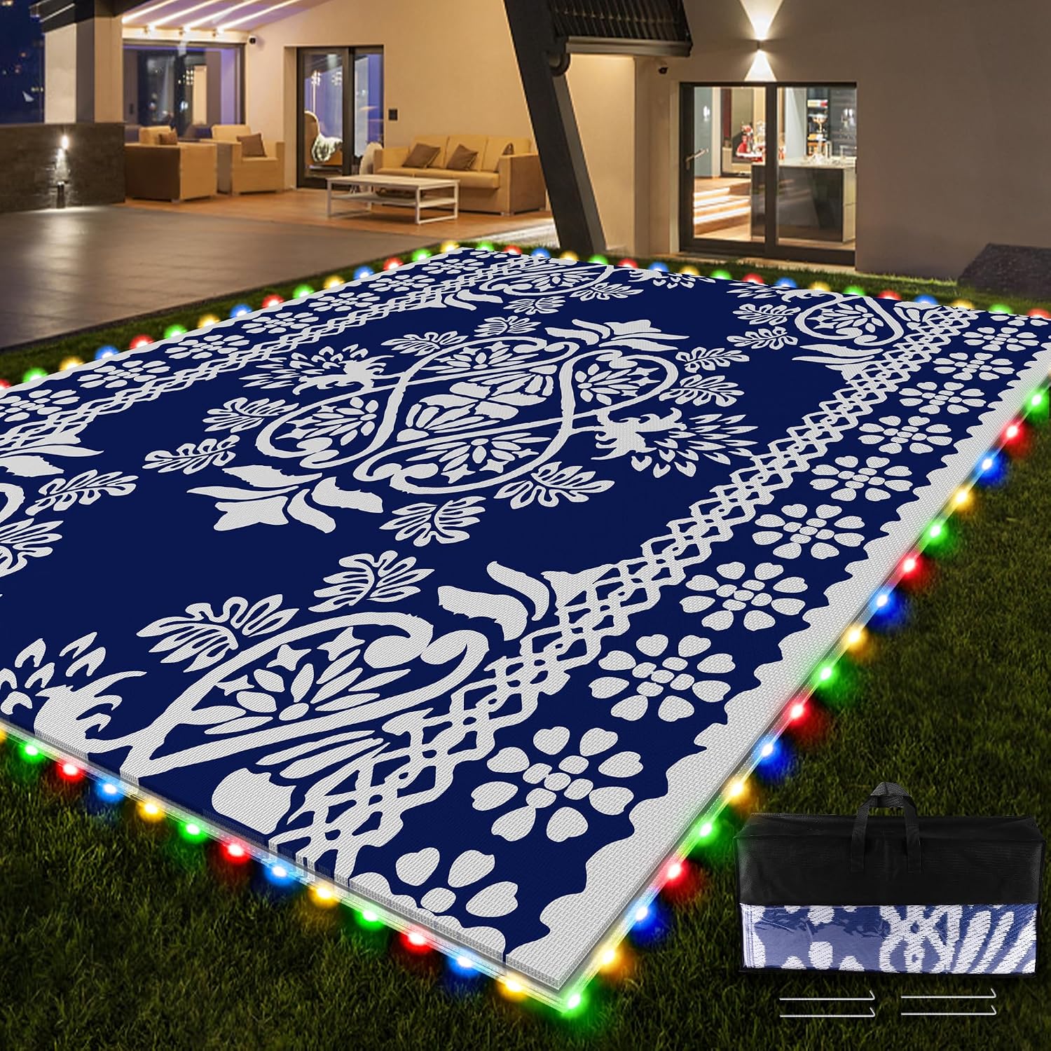 Pafolo Outdoor Rug Waterproof, 9'x12' Reversible Patio Rug with Lights, 4 Rug Stakes, Non Shedding, Easy Cleaning, Foldable Outside Mat for RV, Camping, Porch, Deck, Beach, Patio, Picnic, Blue&White