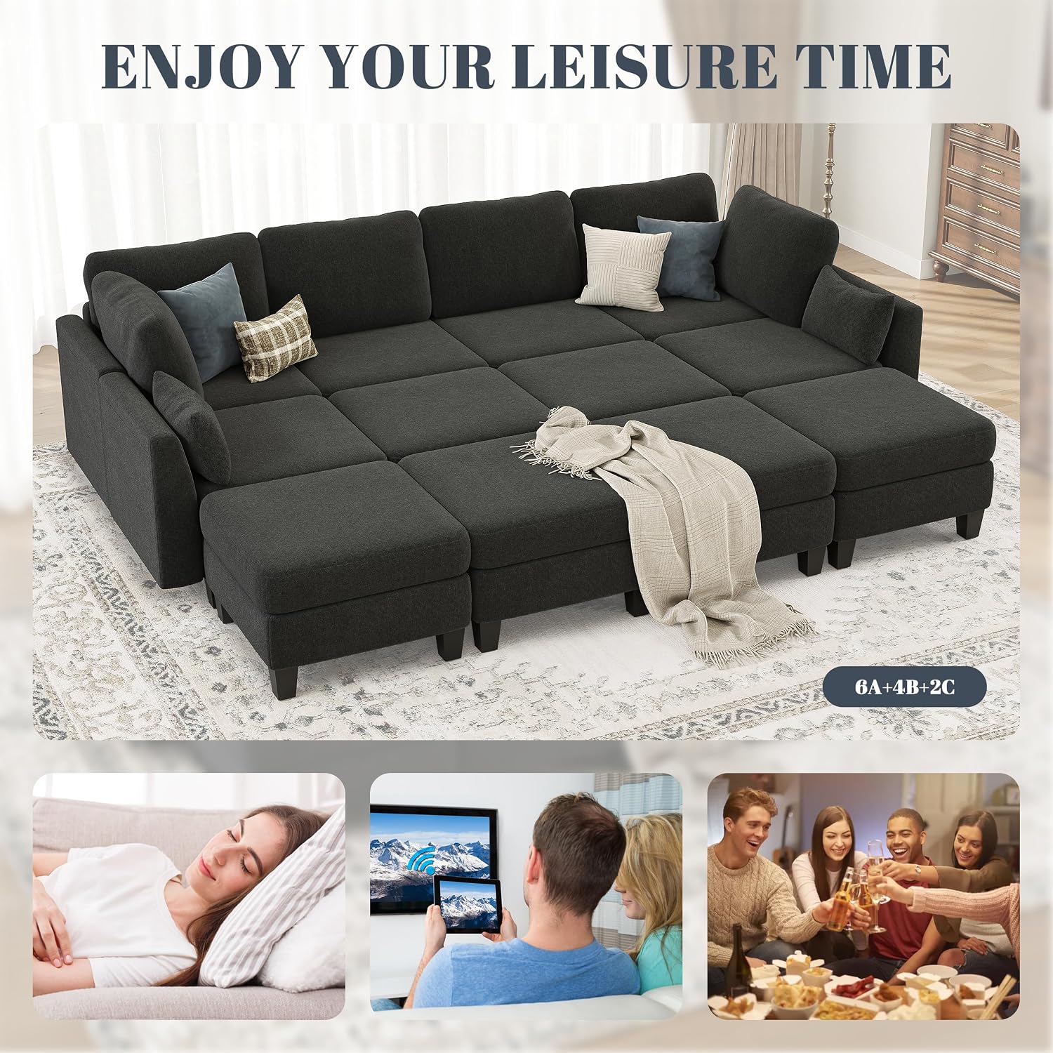 Sectional Sleeper Sofa, 8 Seaters Modular Sleeper Sofa Couch, Comfy Sectionals Couches Bed, Convertible Sofas with Ottomans, Modular Sectional Couches for Living Room, Dark Grey