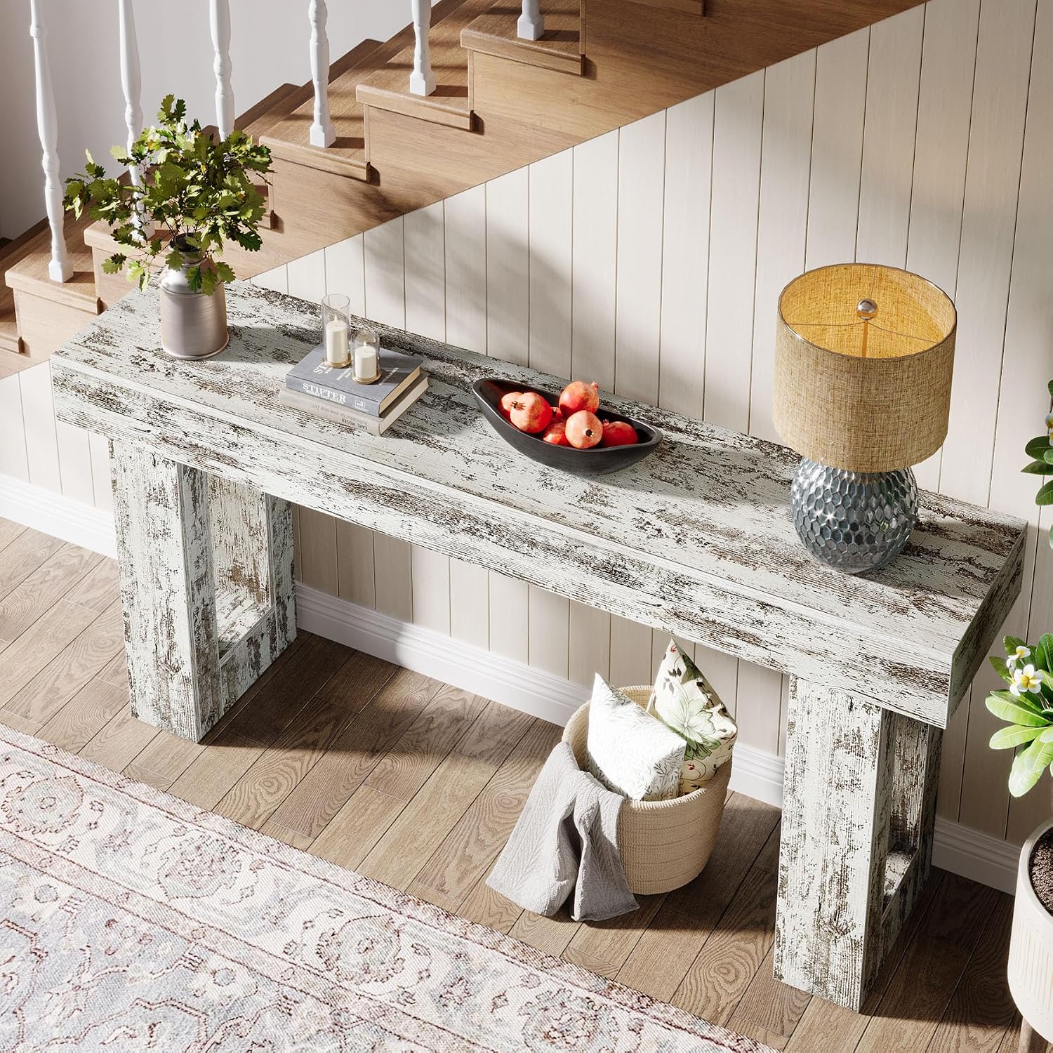 Tribesigns 63-Inch Long Console Table, Farmhouse Wooden Sofa Table Behind The Couch, Narrow Entryway Table for Entrance, Hallway, Living Room (Distressed White)