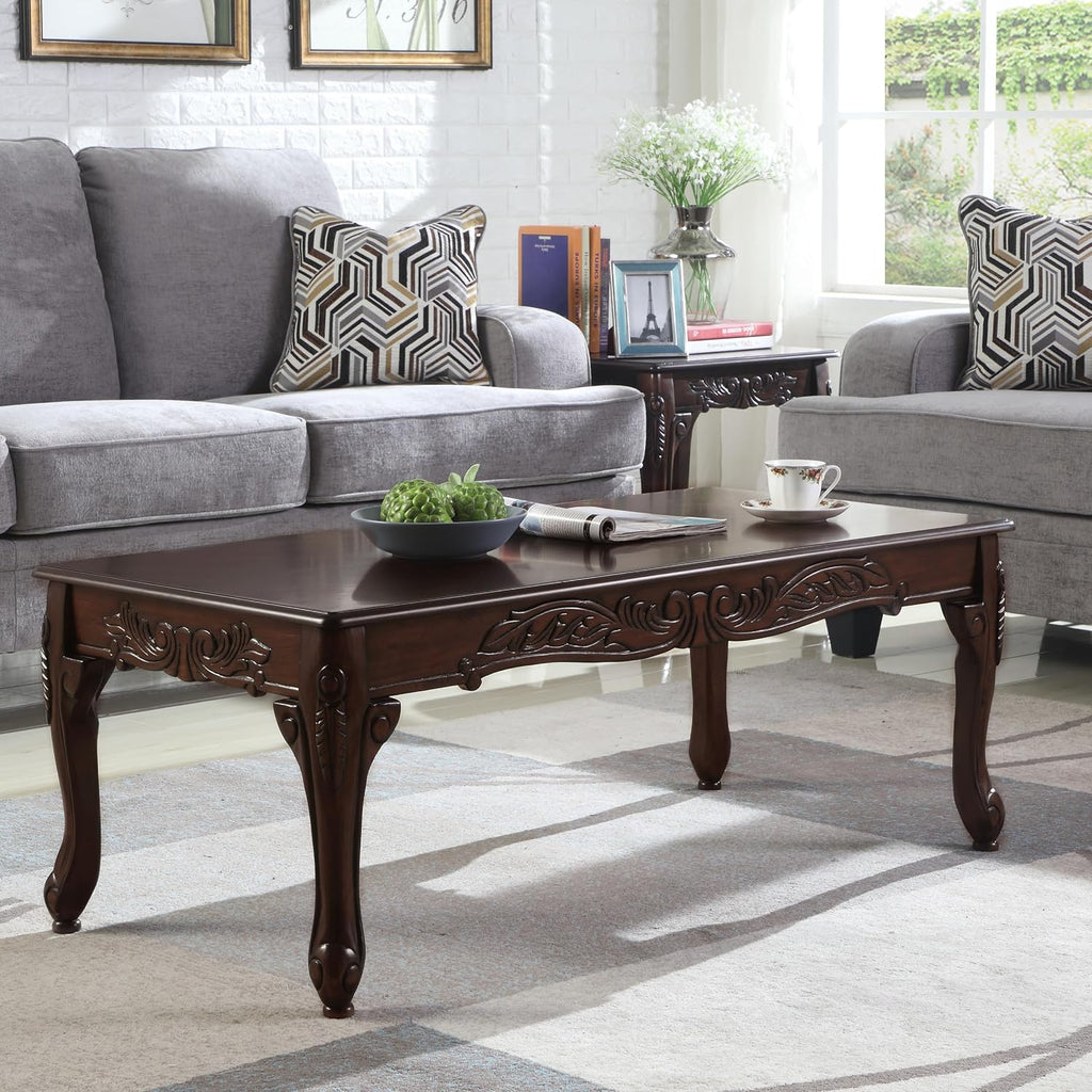 Hernen Carved Wood Frame 5-Piece Living Room Set, Beige Wheat