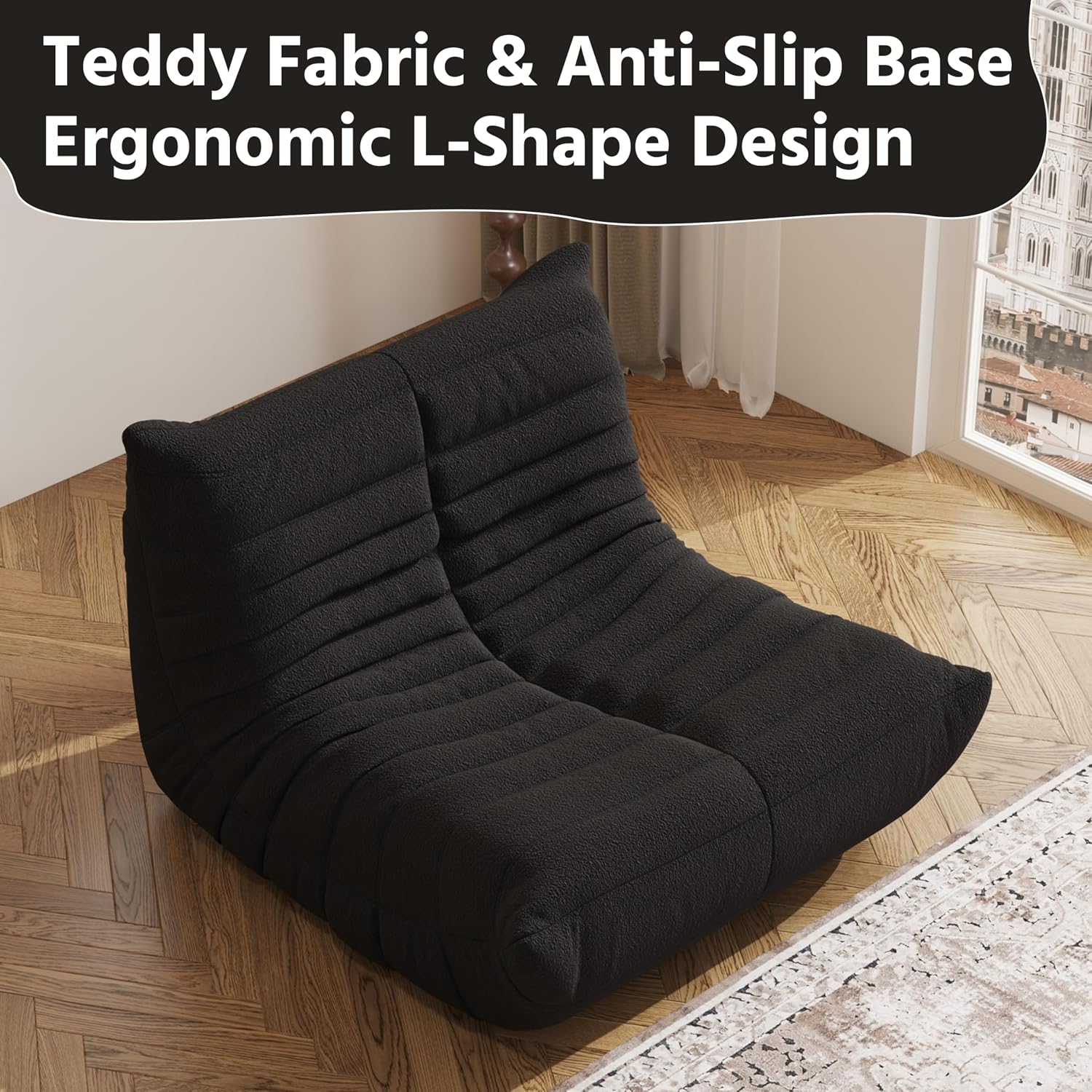 Giant Bean Bag Chair for Adults - Teddy Fleece Fireside Accent Chair with Memory Foam, Comfy Lazy Floor Sofa Couch Boneless Chaise Lounge for Living Room Bedroom Home Theaterr, 1 Seater, Black