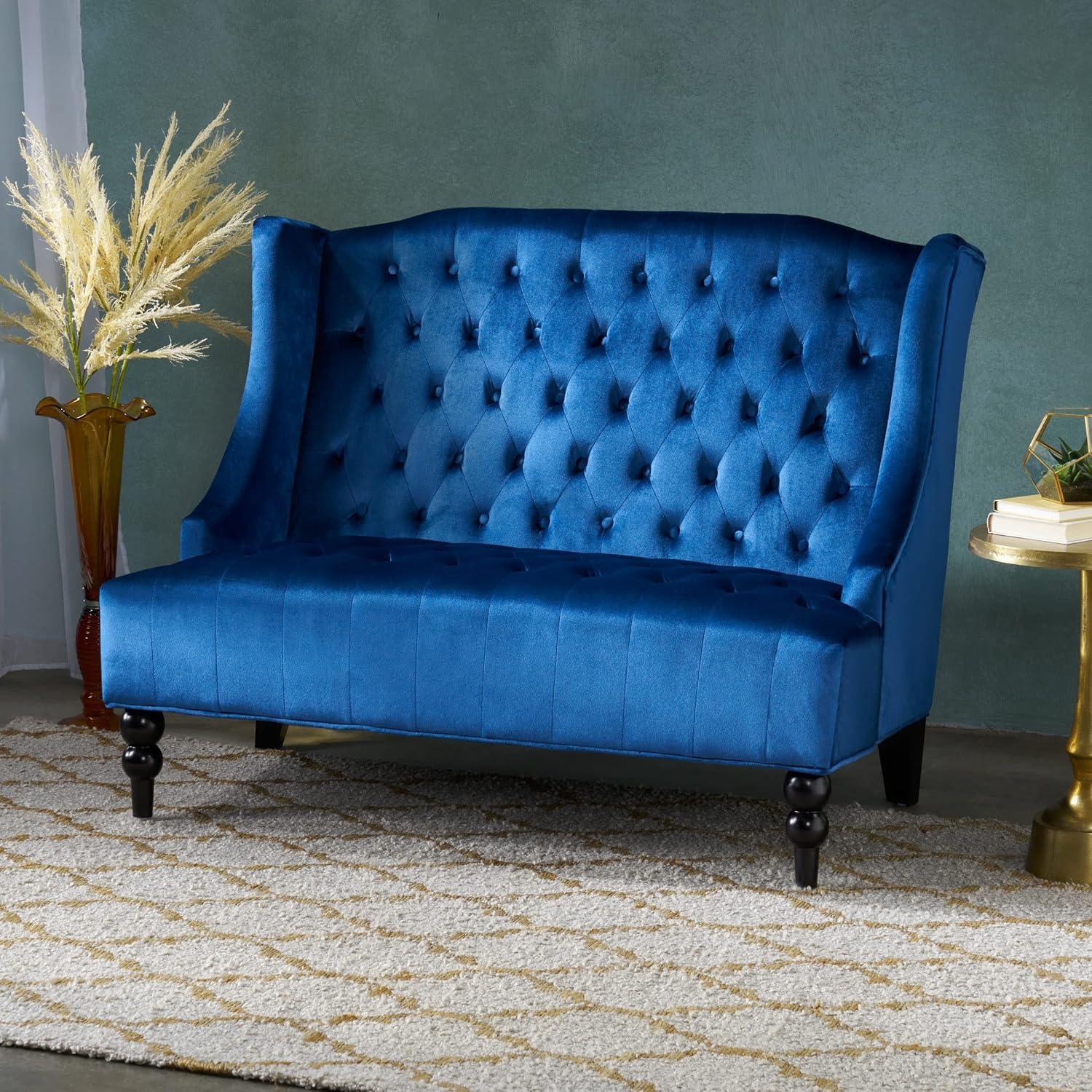 Modern Tufted Velvet Wingback Loveseat, Tufted Velvet 2 Seat Couch Sofas with High Back Thick Padded Cushioned Seats for Living Room, Victorian Style, Navy Blue