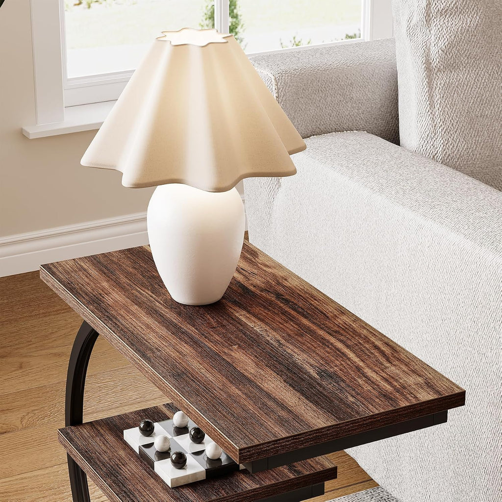 LITTLE TREE End Table Set 2, Narrow End Table with 3 Storage Shelves, Industrial C-Shaped Small Sofa Side Table for Living Room, Wood Slim Snack Table with Black Metal Frame, Rustic Brown