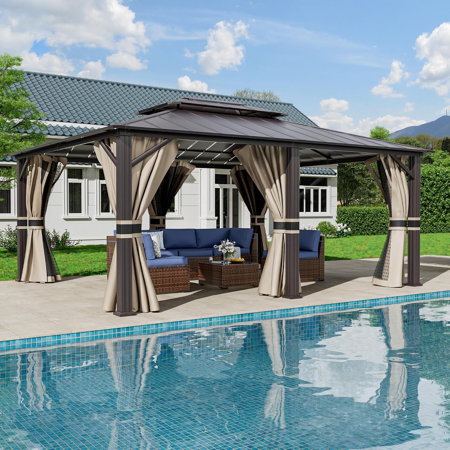 Amopatio 12' X 20' Hardtop Gazebo, Aluminum Gazebo with Double Galvanized Steel Roof, Curtains and Netting Included,Outdoor Metal Pergola for Patios, Garden, Parties, Lawns（Beige