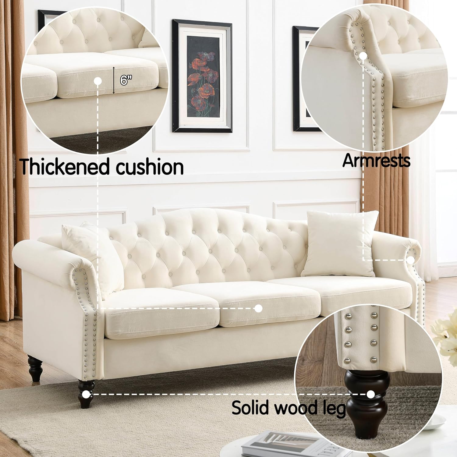 2 Piece Modern Beige Velvet 79' 3-Seater and 57' Loveseat Sofa Sets, Chesterfield Button Tufted Nailhead Combination Couch with 4 Pillows, Trimming Curved Backrest & Rolled Arm Sofa for Living Room