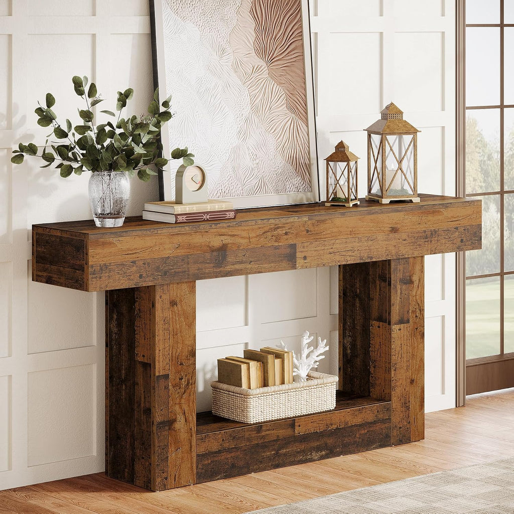 Tribesigns 63-Inch Long Console Table, 2-Tier Entryway Table Sofa Table with Storage, Farmhouse Wood Behind Couch Table for Living Room, Hallway, Rustic Mixed Brown