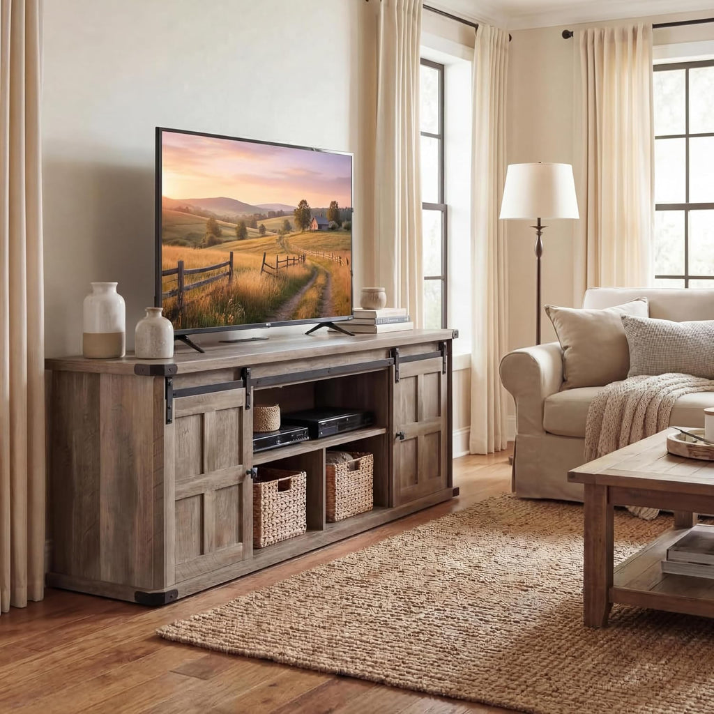 GarveeHome 70' Farmhouse TV Stand for 75 Inch TVs, Modern Entertainment Center with Sliding Barn Doors, Modern Media TV Console Table, Wood Long TV Stand for Living Room
