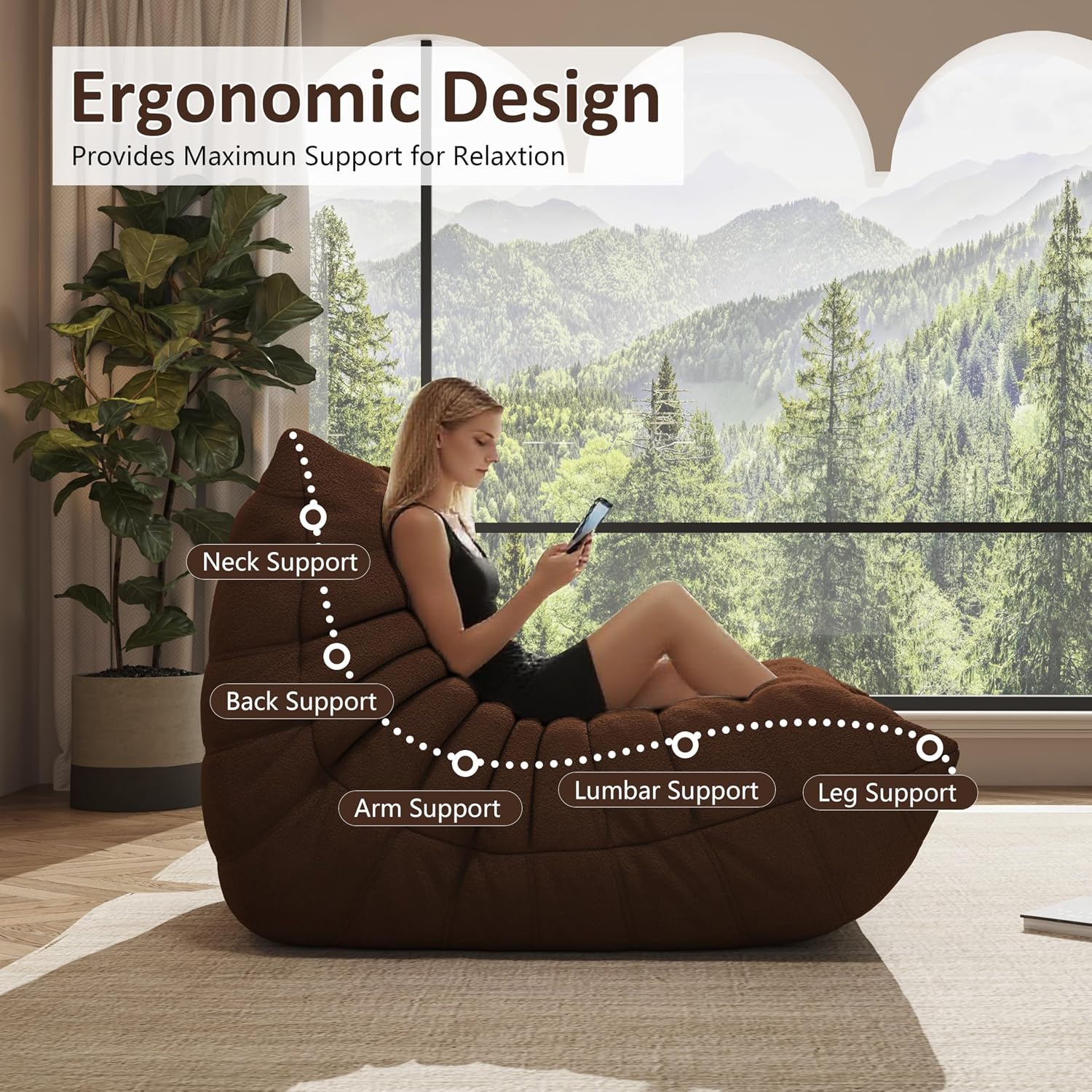 Bean Bag Chair, Cozy Memory Foam Bean Bag Chairs for Adults, Comfy Fireside Accent Chair Lazy Floor Chair for Gaming Bedroom Living Room (Coffee, Loveseat)