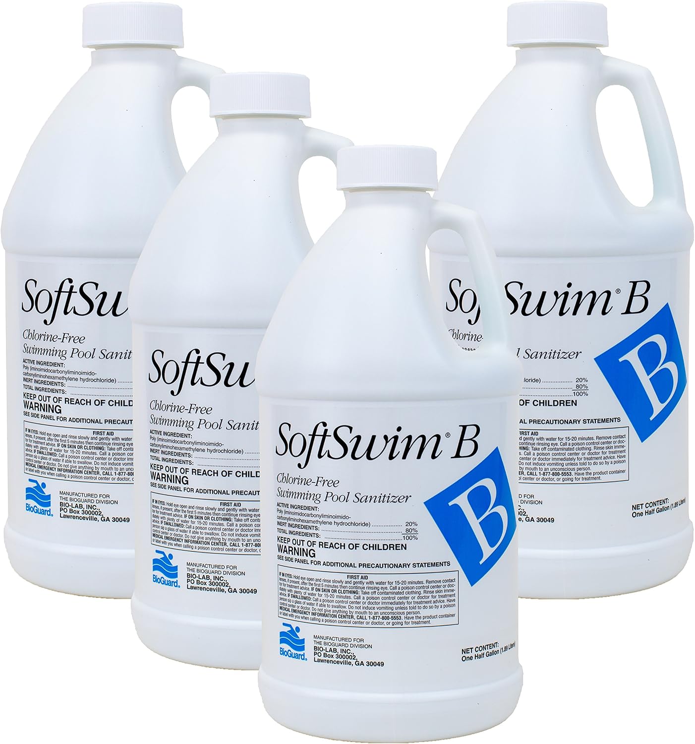 BioGuard SoftSwim B, 1/2 Gallon, Pack of 4, Gentle & Non-Chlorine Sanitizer, Formulated with Biguanide for Effective Pool Cleaning