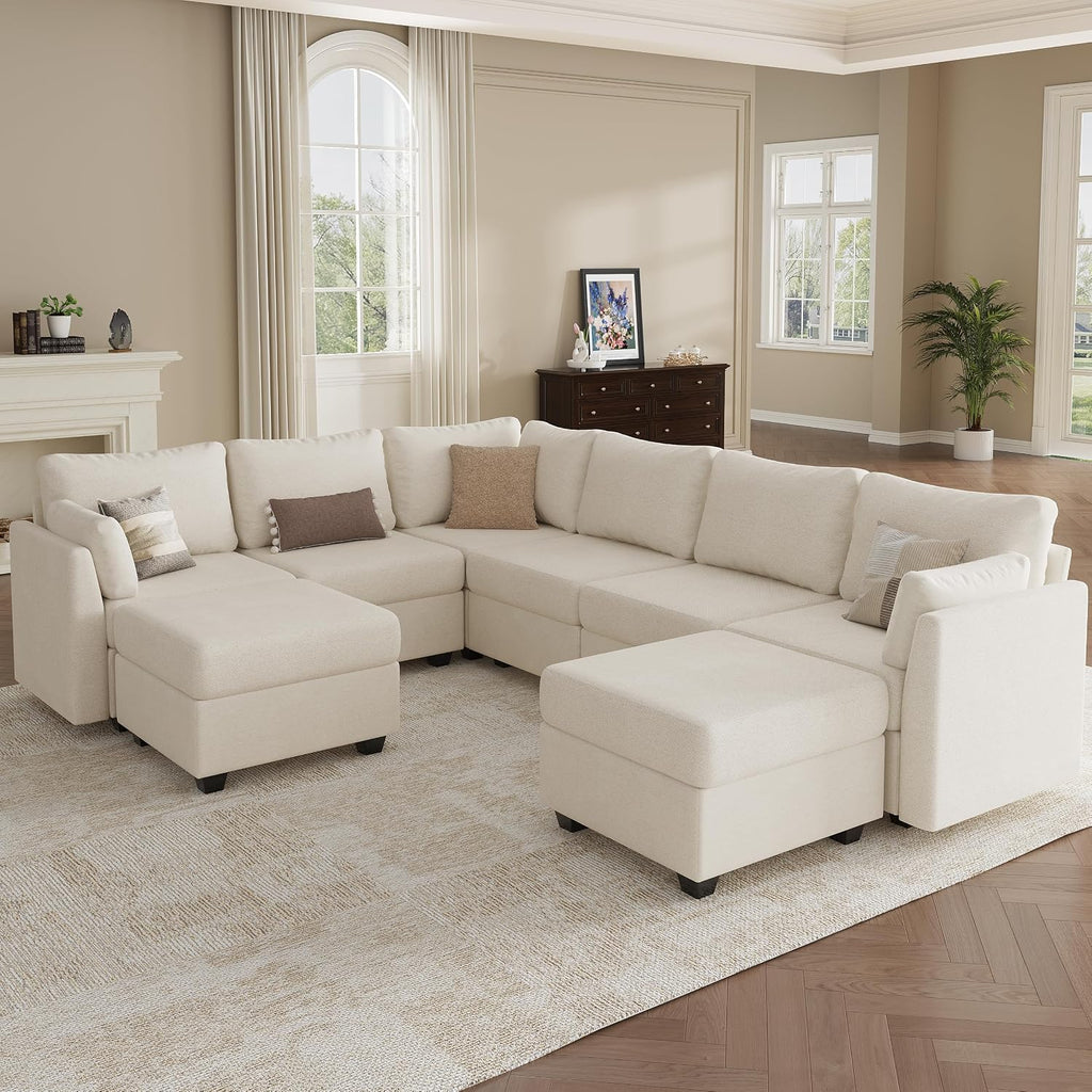 Modular Sectional Sofa Couches, Large Convertible Modular Couches with Storage, 8-Seater Sectional Sofa for Living Room, U Shaped Sectional Couch Sleeper Sofa with Chaise (Beige, 8 Seats)