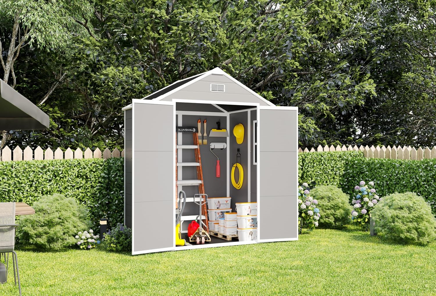 YOPTO 6x5 FT Resin Storage Shed,Garden House with Floor & Lockable Door,Waterproof Plastic Tool Sheds W/Slanting Roof Visual Window & Air Vents for Bicycles,Lawnmowers,Lawn,All Weather Use,Gray