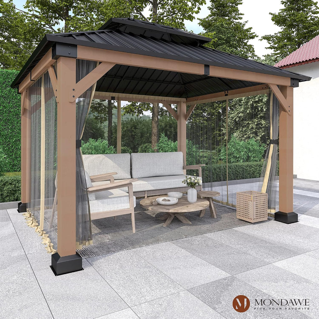 Cedar Wood Gazebo 10x12Ft Hardtop Gazebo with Netting, Outdoor Permanent Gazebo Pergola with Galvanized Steel Double Roof Pavilion for Patio Lawn Garden