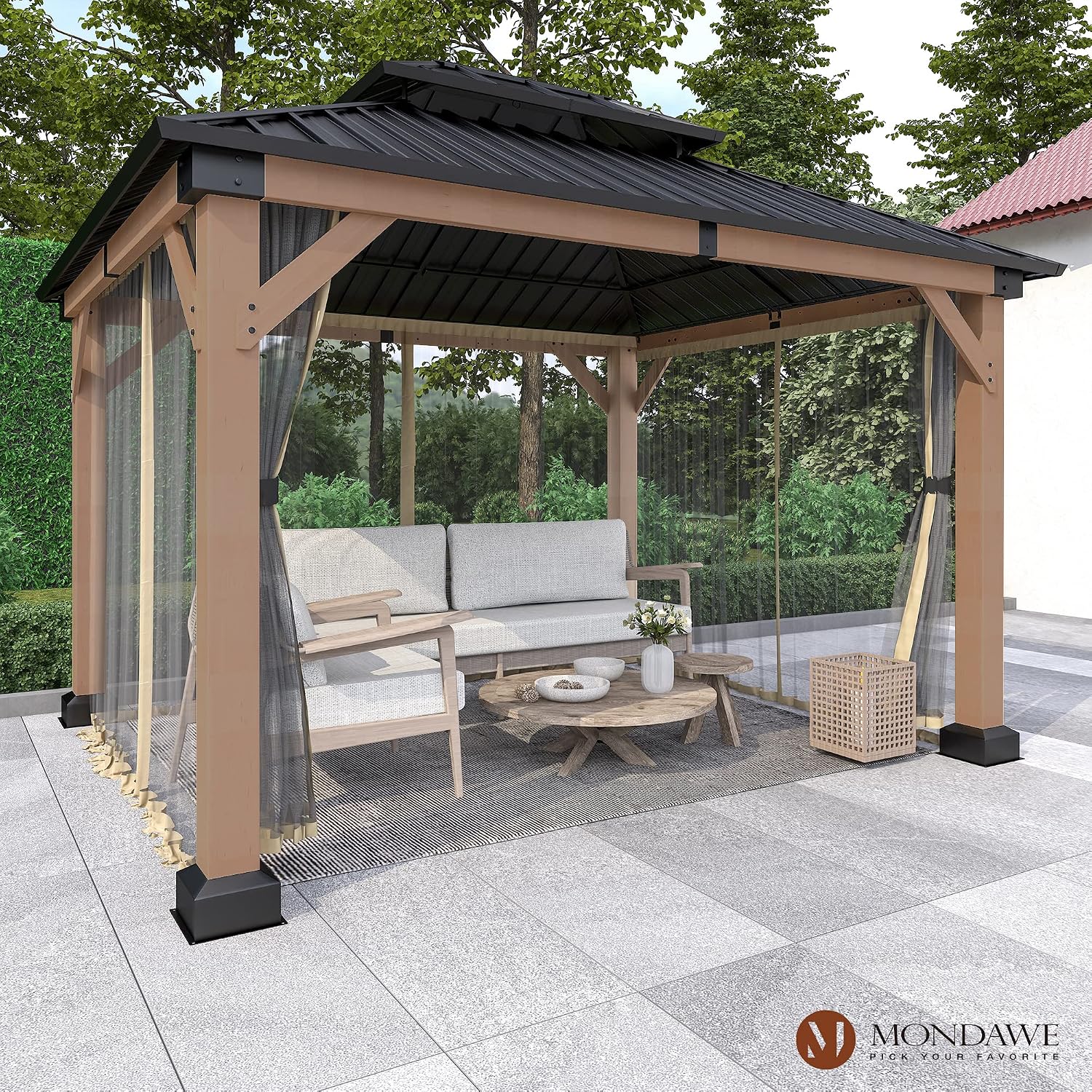 Cedar Wood Gazebo 10x12Ft Hardtop Gazebo with Netting, Outdoor Permanent Gazebo Pergola with Galvanized Steel Double Roof Pavilion for Patio Lawn Garden