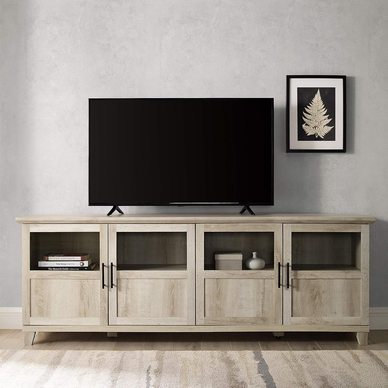Walker Edison Farmhouse Glass and Wood TV Stand for TV's up to 80' Universal TV Stand for Flat Screen Living Room Storage Cabinets and Shelves Entertainment Center, 70 Inch, White Oak