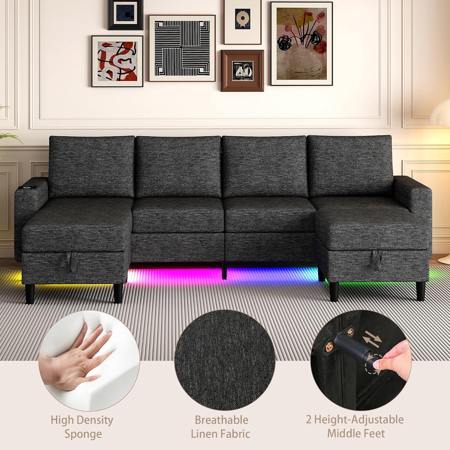 Sectional Couches for Living Room, 4 Seat Sectional Sofa with Smart Module-Wireless Charging/USB/Type-C/RGB Light, U Shaped Couch with Reversible Chaise Lounge/Storage Ottoman (Charcoal Grey)