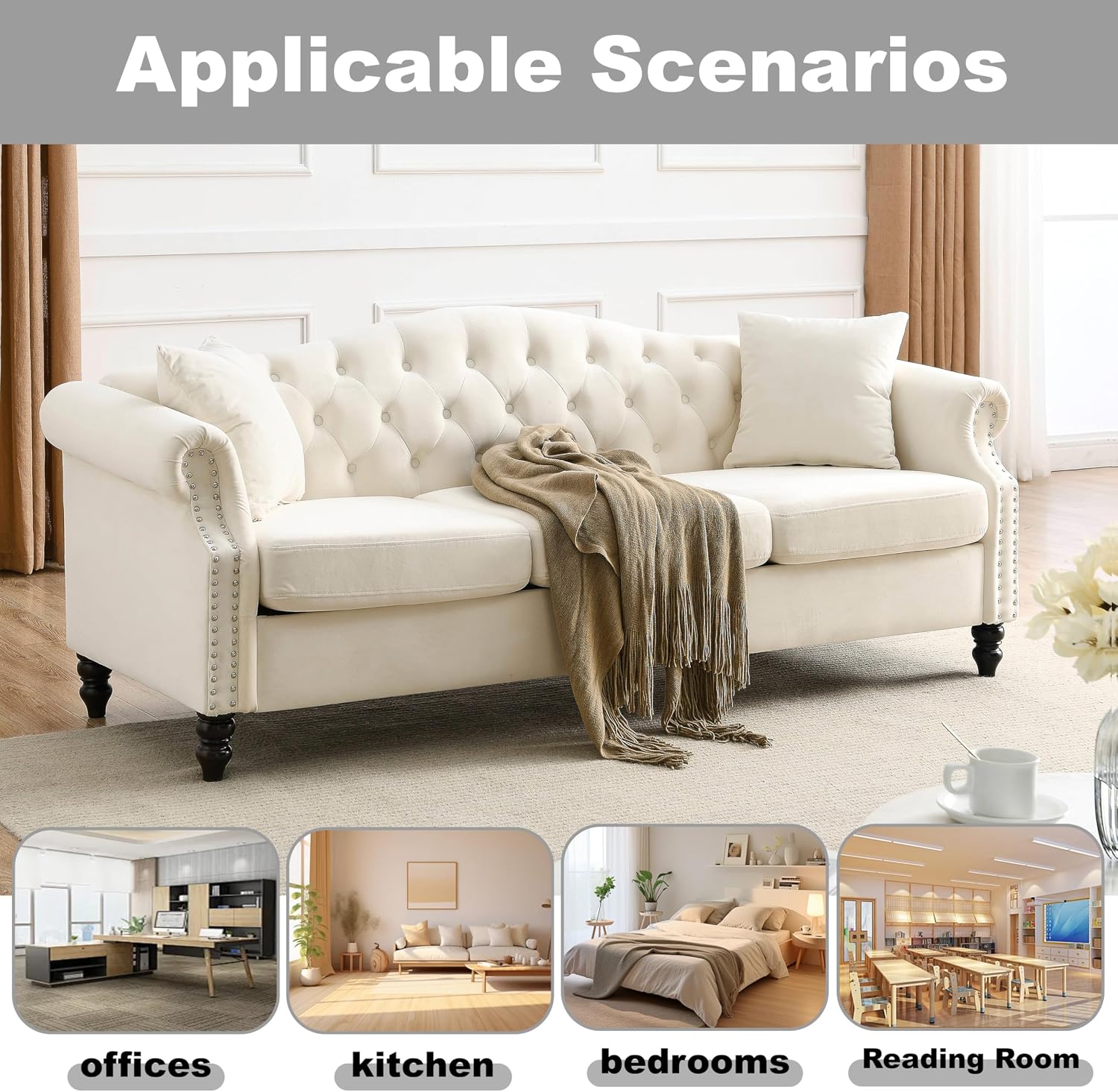 2 Piece Modern Beige Velvet 79' 3-Seater Sofa Sets, Chesterfield Button Tufted Nailhead Combination Couch with 4 Pillows, Trimming Curved Backrest & Rolled Arm Sofa for Living Room