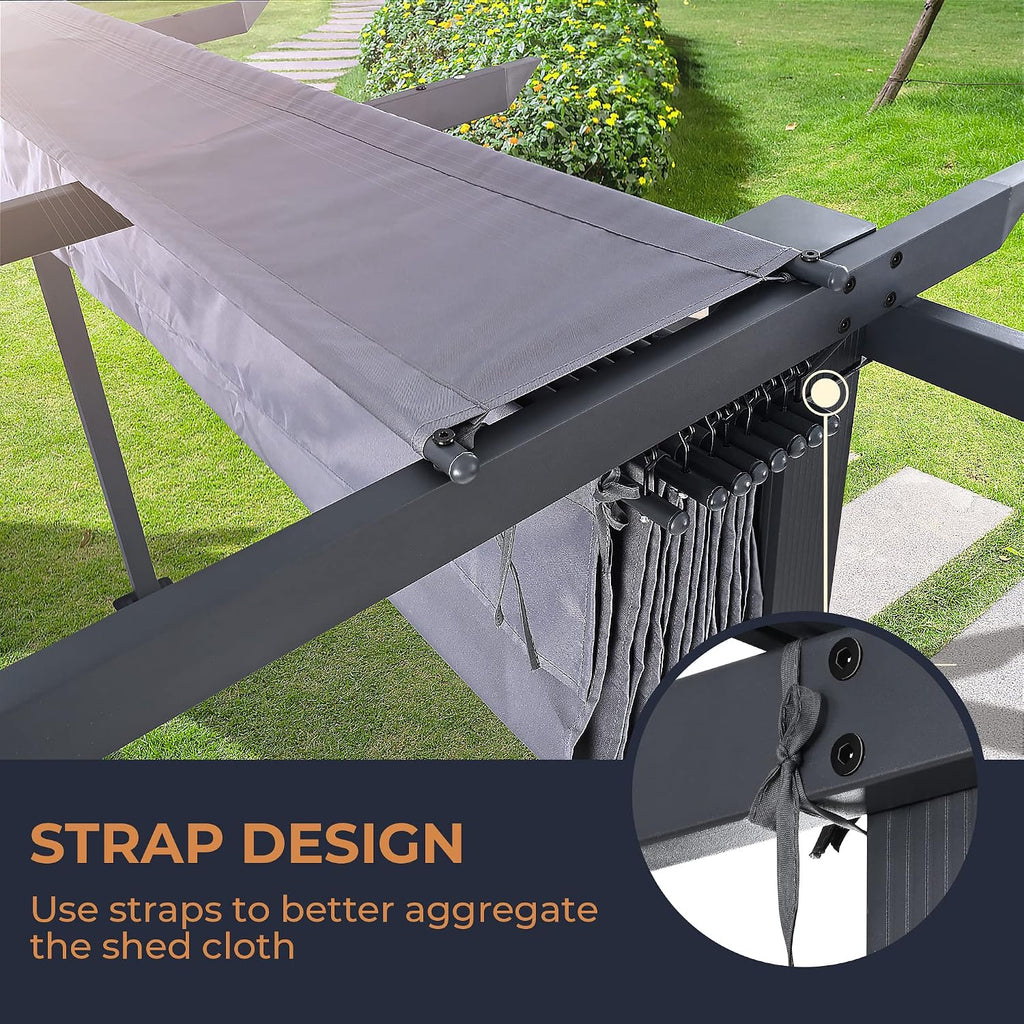 HAPPATIO 10' X 13' Outdoor Retractable Pergola Canopy for Deck, Backyard, Patio, Aluminum Pergola with Sun Canopy, Includes Ground Studs and Expansion Screws (Grey)
