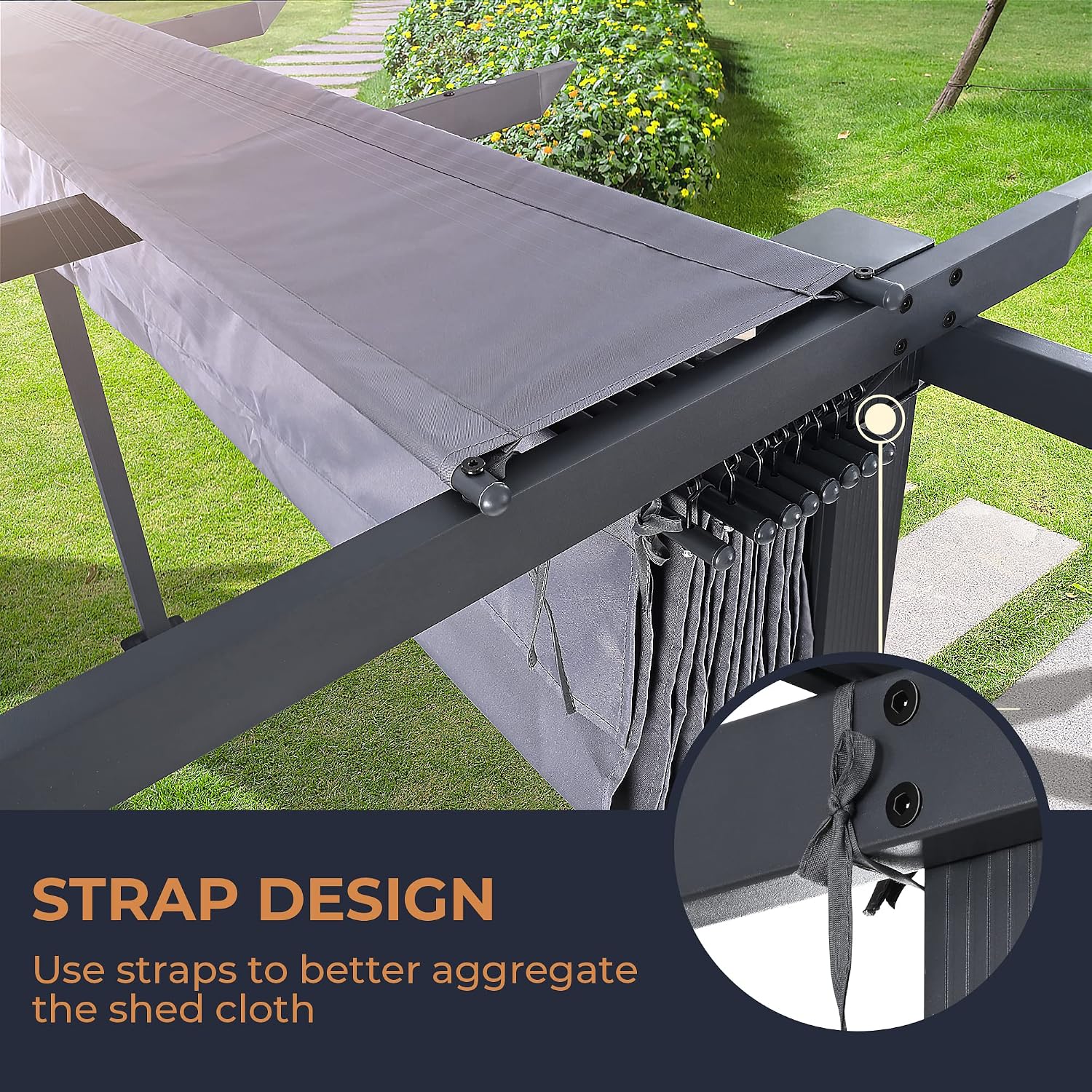 HAPPATIO 10' X 13' Outdoor Retractable Pergola Canopy for Deck, Backyard, Patio, Aluminum Pergola with Sun Canopy, Includes Ground Studs and Expansion Screws (Grey)