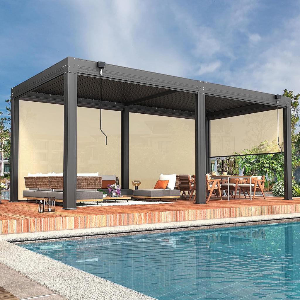 YOLENY 10x20ft Louvered Pergola, Outdoor Pergola with Adjustable Rainproof Roof, Aluminum Gazebo with 6 Panels Pull-Down Screen for Patio, Lawn, Garden, Backyard, Deck, Dark Gray