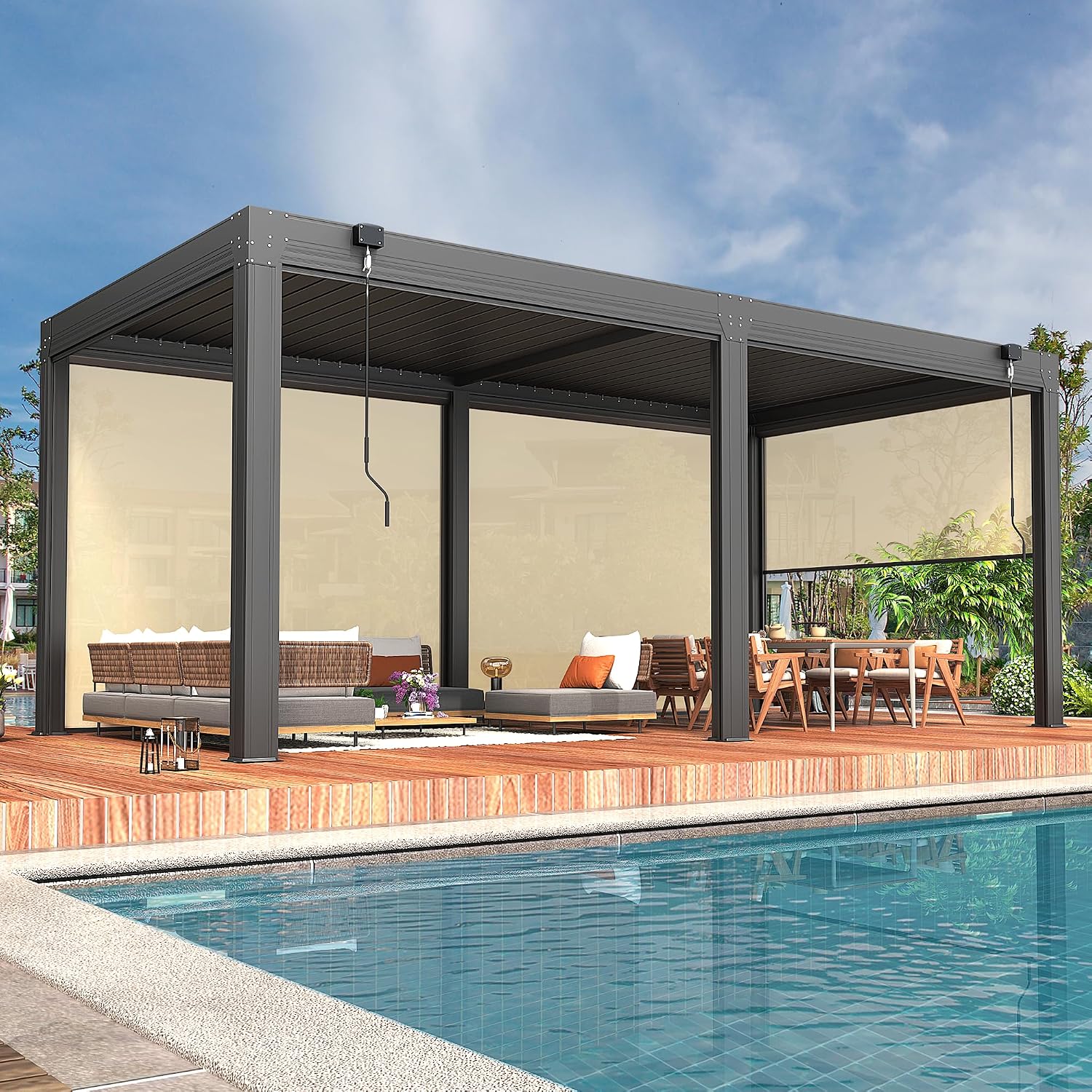 YOLENY 10x20ft Louvered Pergola, Outdoor Pergola with Adjustable Rainproof Roof, Aluminum Gazebo with 6 Panels Pull-Down Screen for Patio, Lawn, Garden, Backyard, Deck, Dark Gray