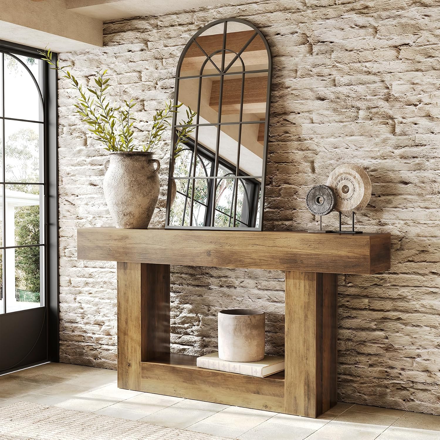 LITTLE TREE 63 Inches Long Console Table, 2-Tier Farmhouse Sofa Table Behind Couch, Large Narrow Entryway Table for Living Room, Wooden Hallway Foyer Table with Heavy Duty Base, Rustic Brown