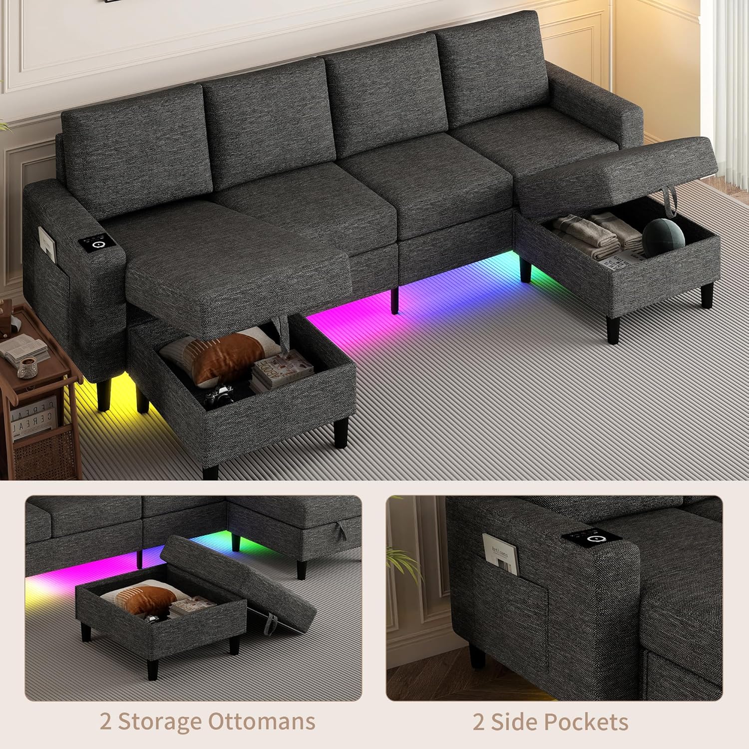 Sectional Couches for Living Room, 4 Seat Sectional Sofa with Smart Module-Wireless Charging/USB/Type-C/RGB Light, U Shaped Couch with Reversible Chaise Lounge/Storage Ottoman (Dark Grey)