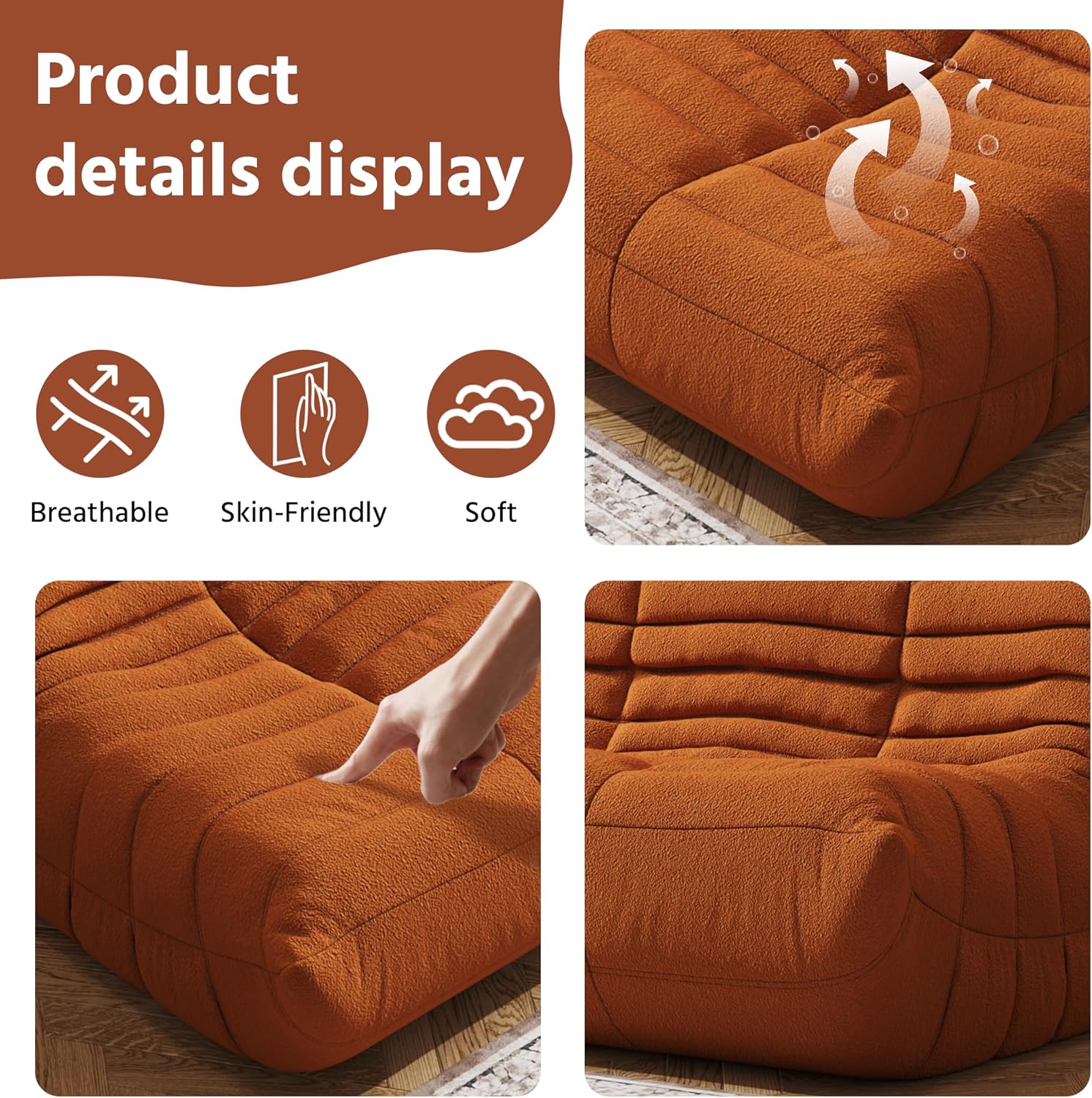 3-Seater Giant Loveseat Boneless Bean Bag Chair for Adults - Teddy Fleece Fireside Accent Chair with Memory Foam, Comfy Lazy Floor Sofa Couch Chaise Lounge for Living Room Bedroom Theater