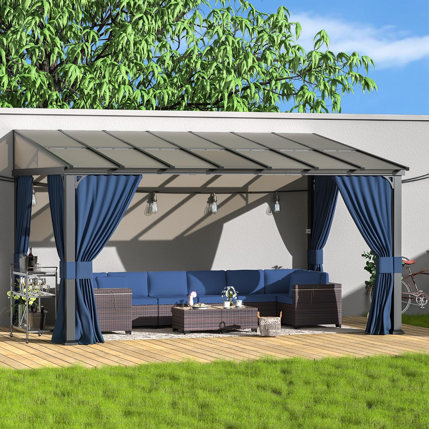 Kurapika 10' x 14' Wall Mount Gazebo Outdoor Pergola, Hardtop Lean to Gazebo Canopy Awnings with Sloped Roof and Sturdy Steel Frame, for Patio, Porch, Deck, Backyard(Navy Blue)