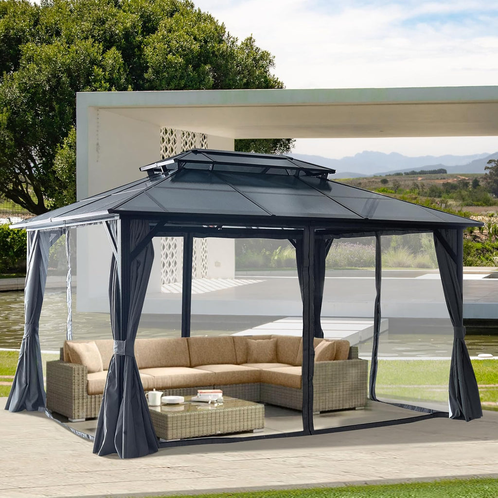 10x13ft Outdoor Hardtop Gazebo with Netting and Curtains, Heavy-Duty Galvanized Aluminum Frame Gazebo with 2-Tier Waterproof Polycarbonate Roof for Patio, Backyard, Deck and Lawns, Black
