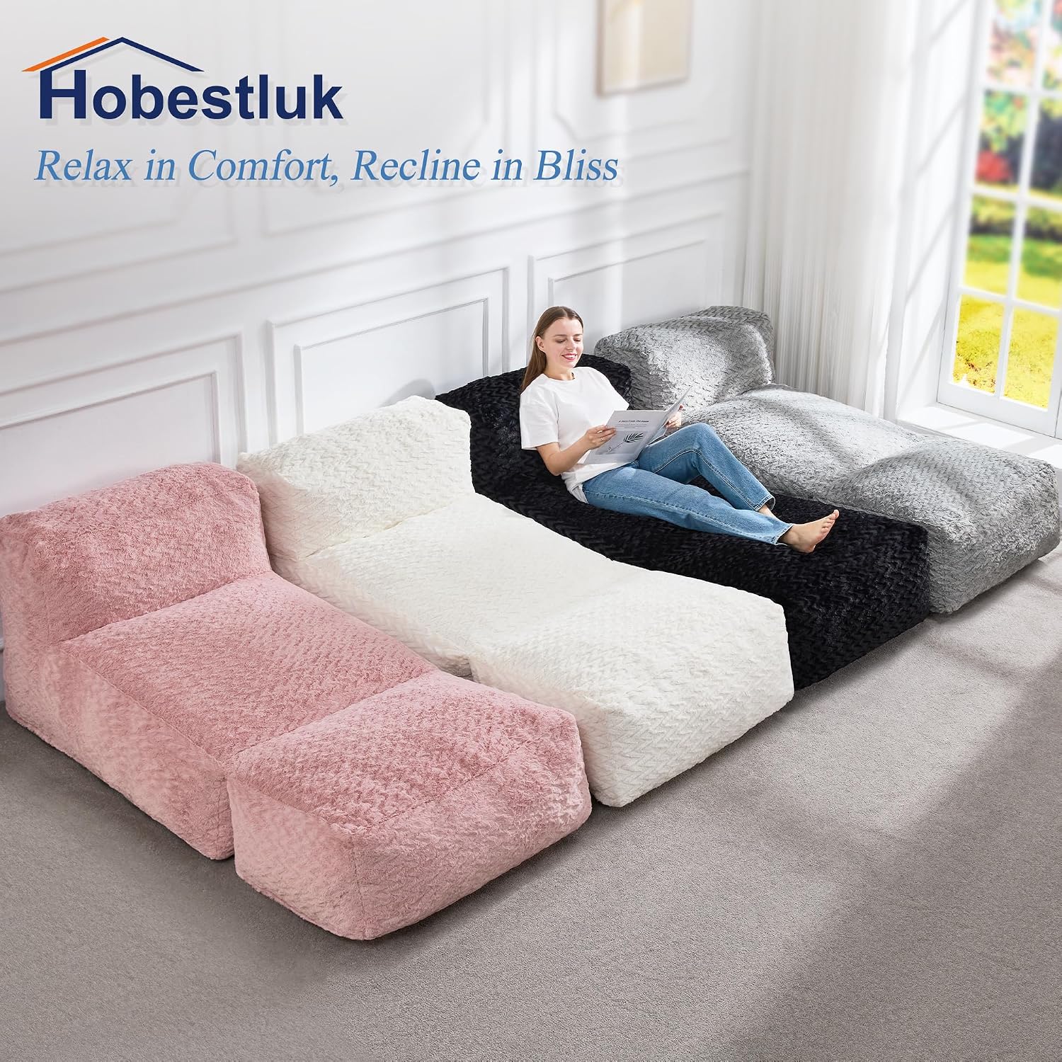 Hobestluk Bean Bag Chair Big Bean Bag Lounger for Adults Bean Bag Couch with Memory Foam Filled for Living Room, Bedroom or Balcony (Chevron Plush Black)