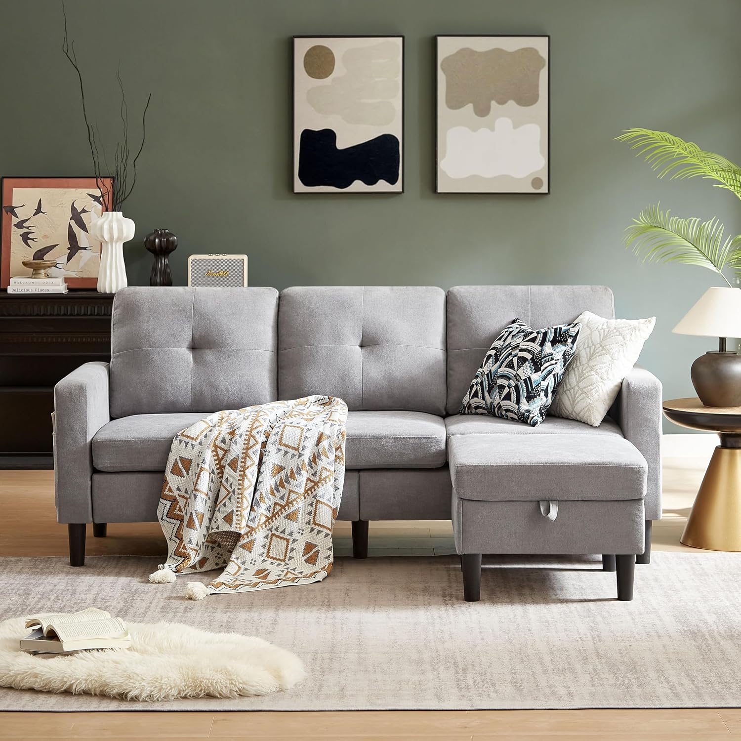 80' Convertible Sectional Sofa Couch with Movable Ottoman, 3 Seats Sectional Sofas L Shaped Couch for Small Spaces, Soft Fabric Couch for Living Room (Light Grey)