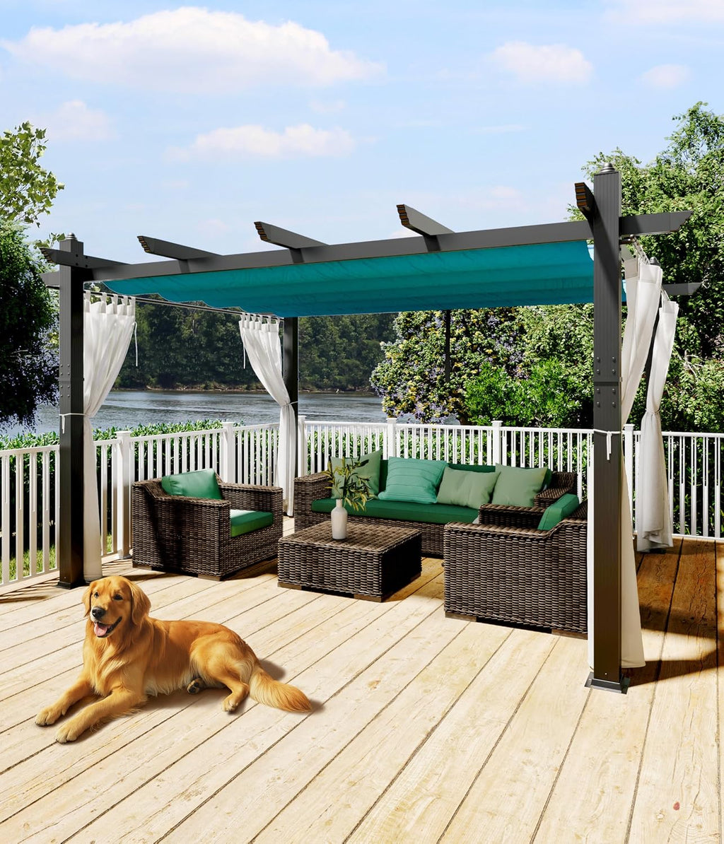 GarveeLife 10 x 13 ft Outdoor Pergol Metal Gazebo with Adjustable Canopy Reinforced Frame Outdoor Shelter for Backyard Patio Garden Deck - Blue with Curtains Mosquito Netting